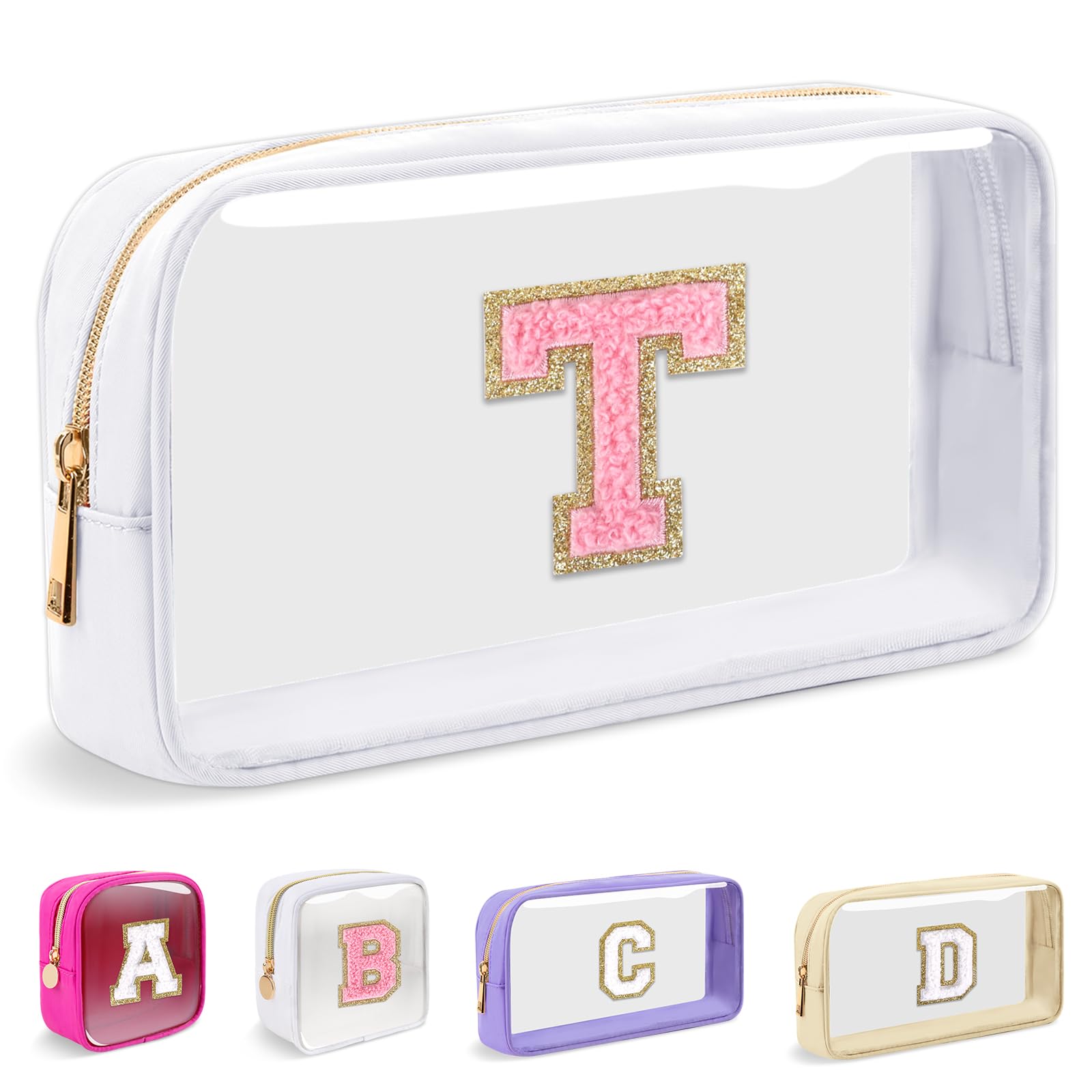 Small Clear Personalized Initial Makeup Bag, Preppy Nylon A-Z Chenille Letter Patch Makeup Organizer TSA Approved Travel Toiletry Bag,Waterproof Zip