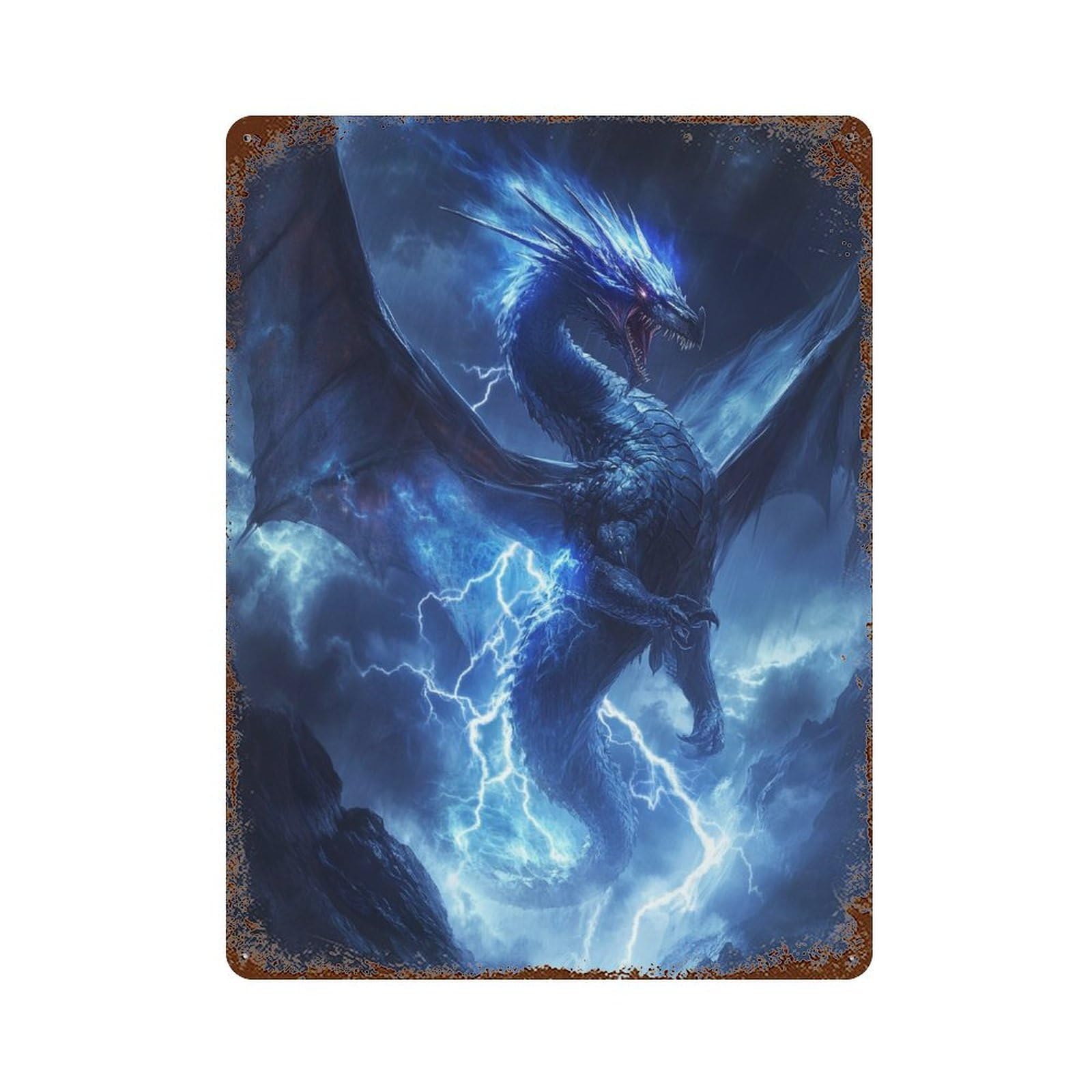 Garage Style Electric Storm Dragon Artwork Rust Effect Tin Sign 15.7"x11.8", Classic Wall Plaque for Bar And Workshop