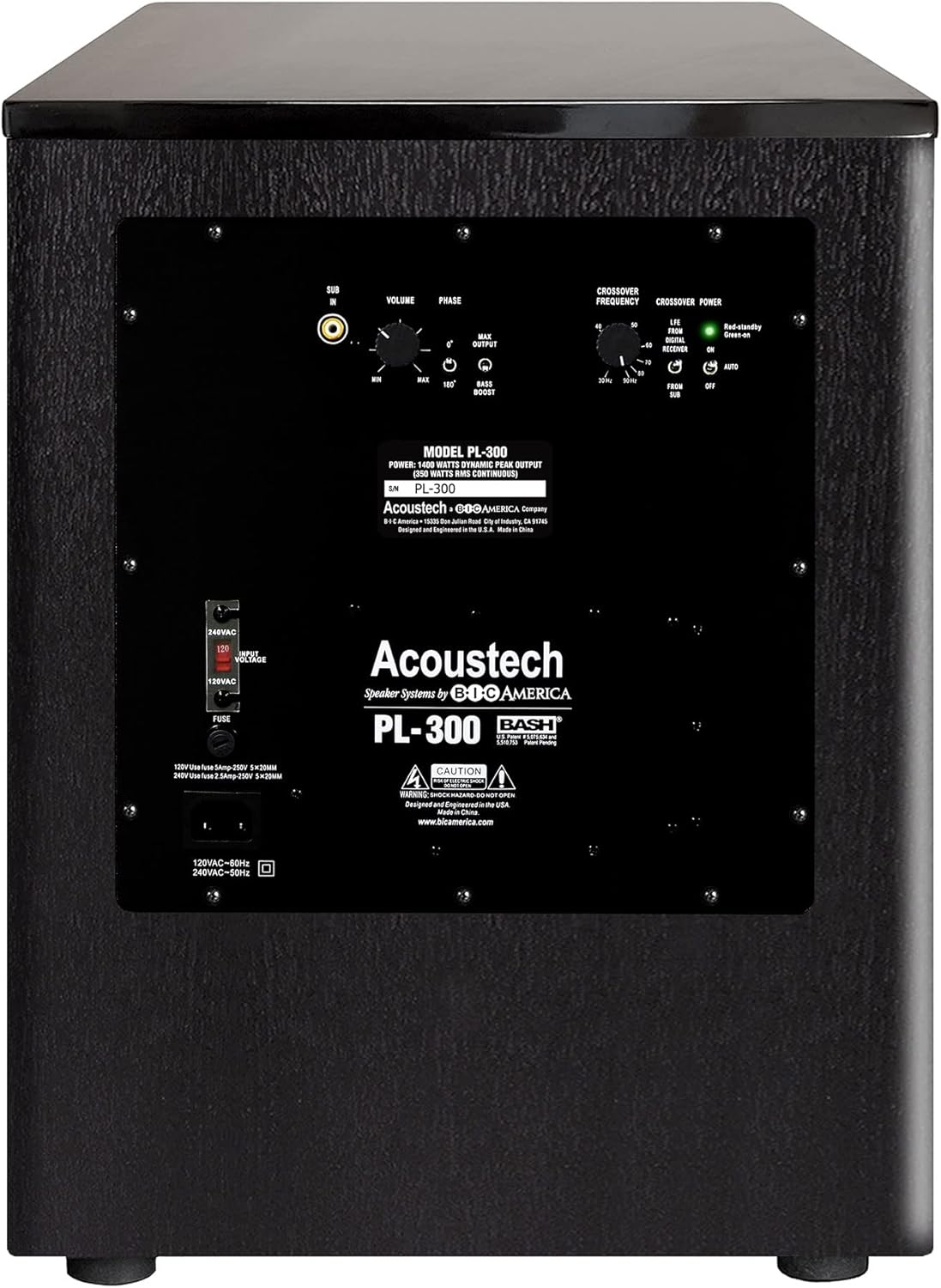 Rear panel of Acoustech PL-300 subwoofer showing controls and connections