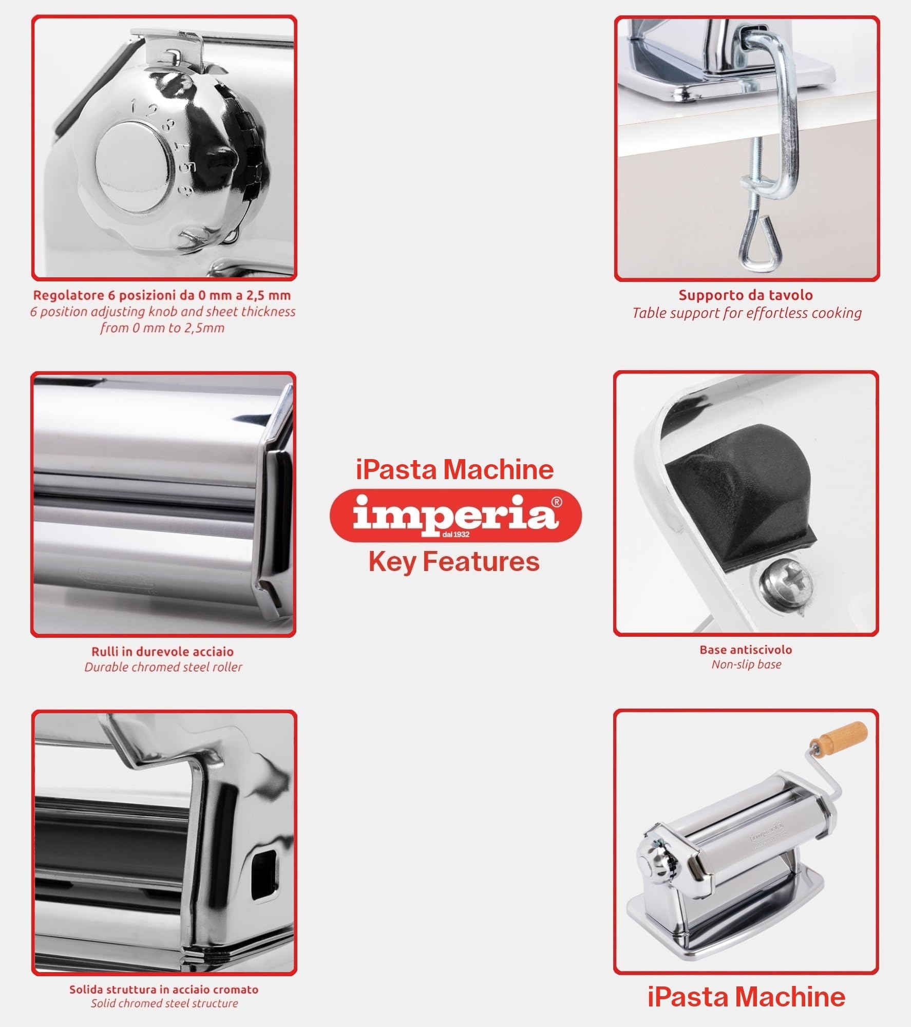 Imperia Laminoir Ligne Classique. Machine à pâtes. 100% Fabriquè en Italie. Machine à pâtes fraîches en acier. Laminoir manuel avec manivelle. Créez votre propre feuille de pâte.