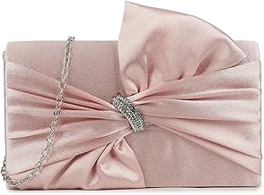 LeahWard Evening Clutch Bag with Bow, Satin Wedding Party Bags, Crystal Rhinestone Detail, Chain Strap