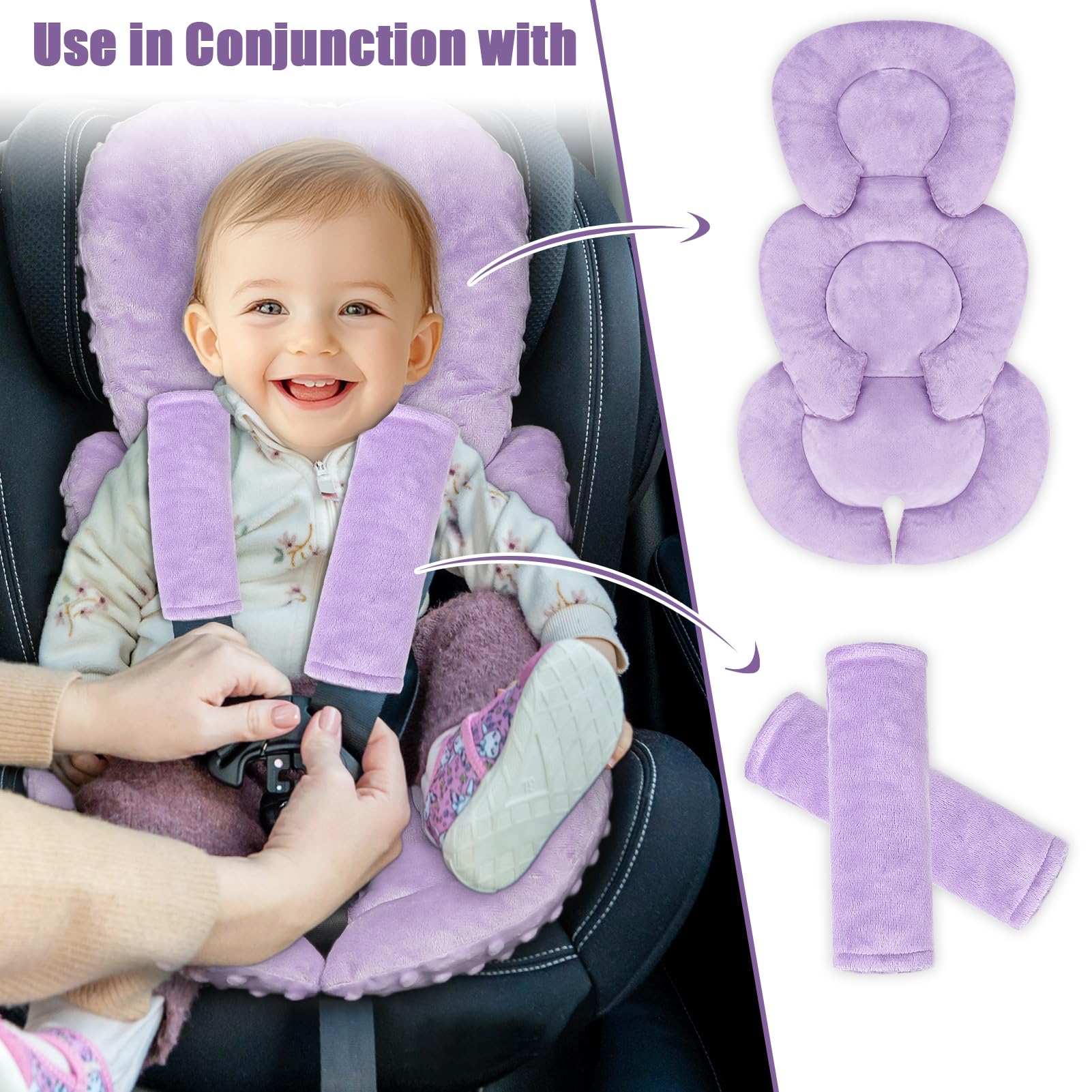 Inserto de asiento de coche para bebé, soporte para cabeza y cuerpo, inserto reversible para asiento de coche con almohadillas para orejas de correa, relleno de cojín suave para niños y niñas, se