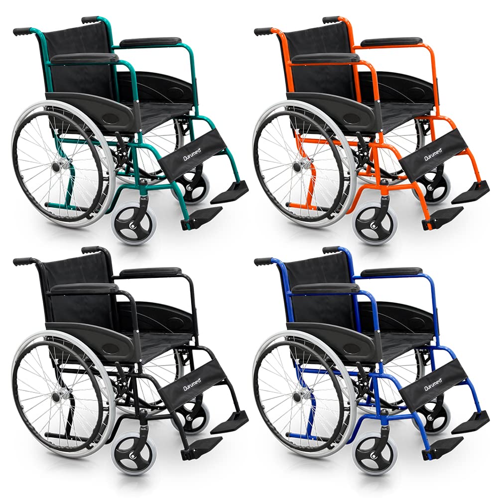 QUIRUMED Silla de Ruedas Plegable, Acero, Basic Colors, Azul, 46cm | Manual, Reposapiés Abatibles, Freno Manual