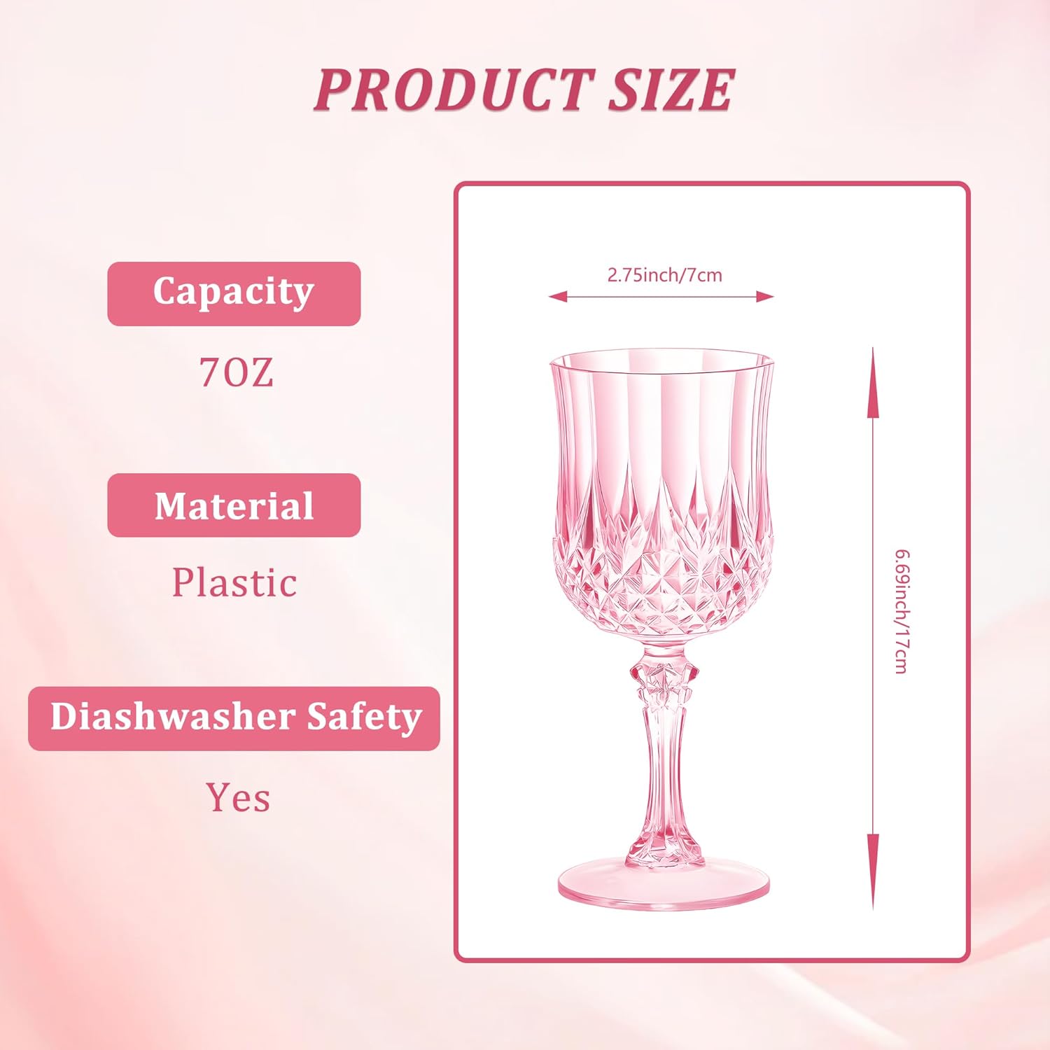7OZ Plastic Wine Glasses, Disposable Goblets Drinking Glasses Crystal Vintage Water Cups Unbreakable Champagne for Valentine’s Day, Wedding, Parties (24, Pink) - Image 2