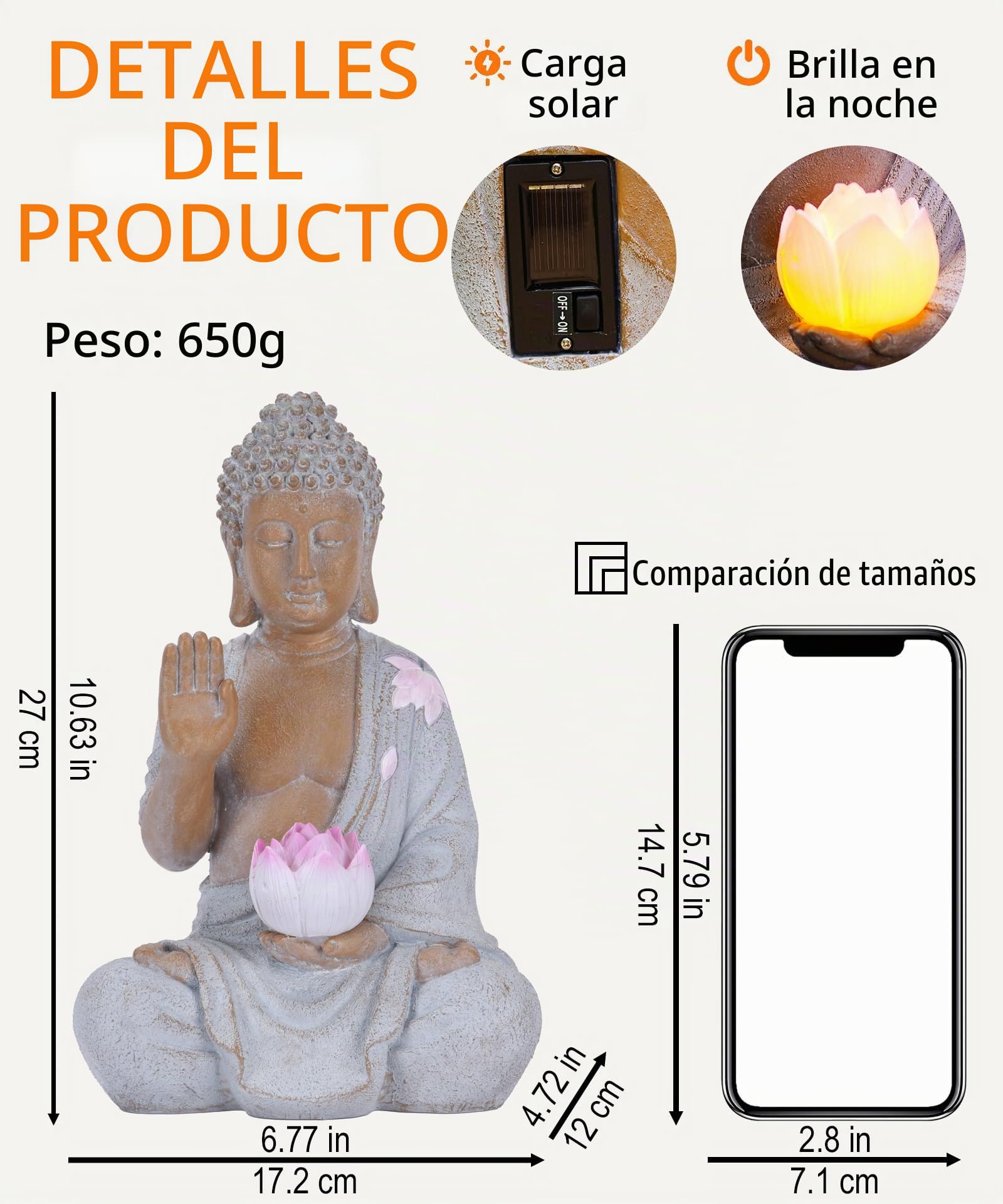 Yeomoo Figura de Buda con LED Solar LED Decoración de Jardín - Resistente a la intemperie Meditación Jardín Figuras Decoración para Zen Jardín Salón Feng Shui Regalo Espiritual para Mujeres Mamá