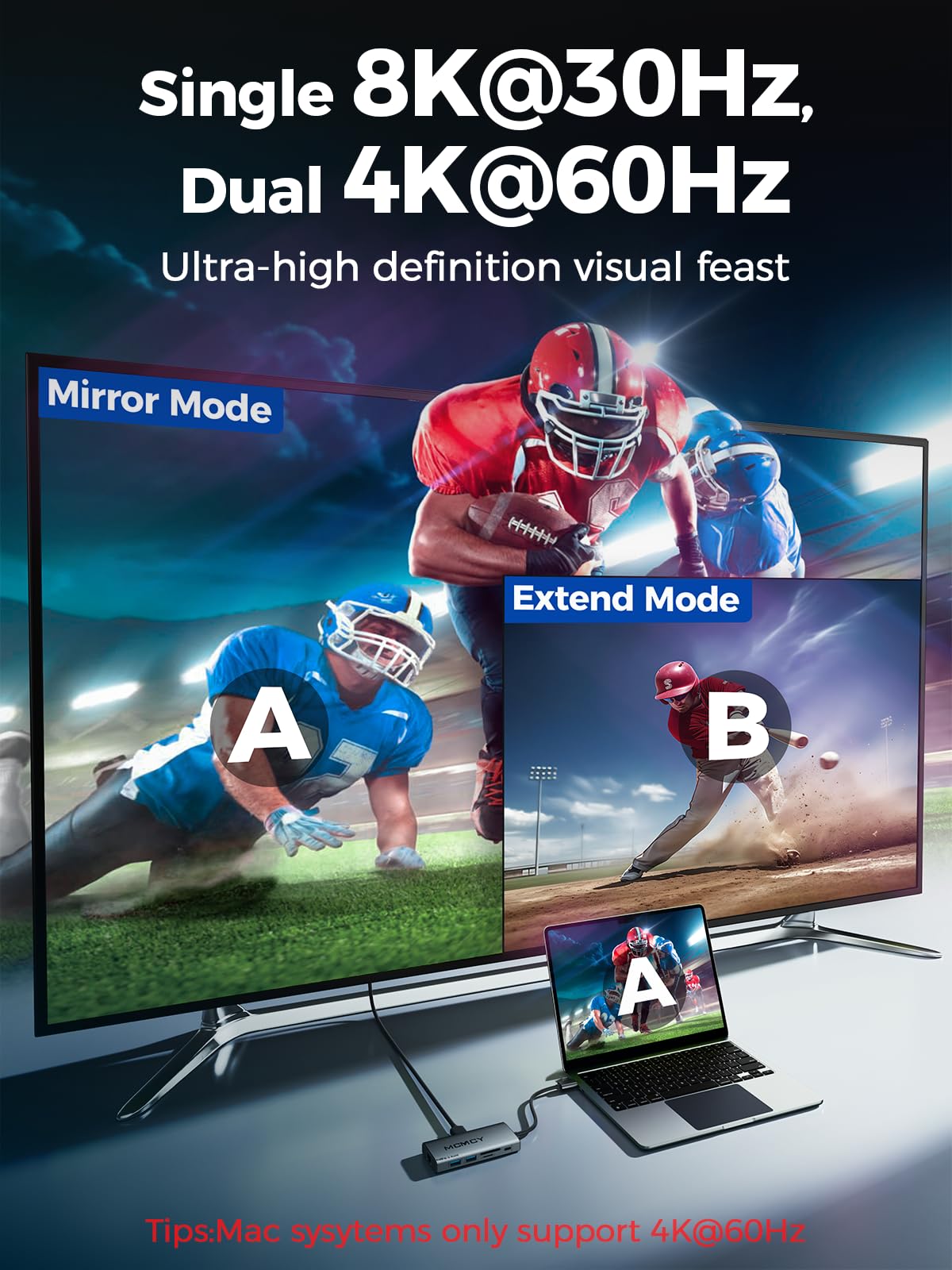 MCY Station d'accueil 2 moniteurs avec 2 HDMI, hub USB C 10 en 1 avec Double 4K @ 60 Hz, 8K Unique @ 30 Hz, Gigabit Ethernet, 100 W PD, 4 Ports de données USB 5 Gbit/s, SD/TF, Station d'accueil USB-C