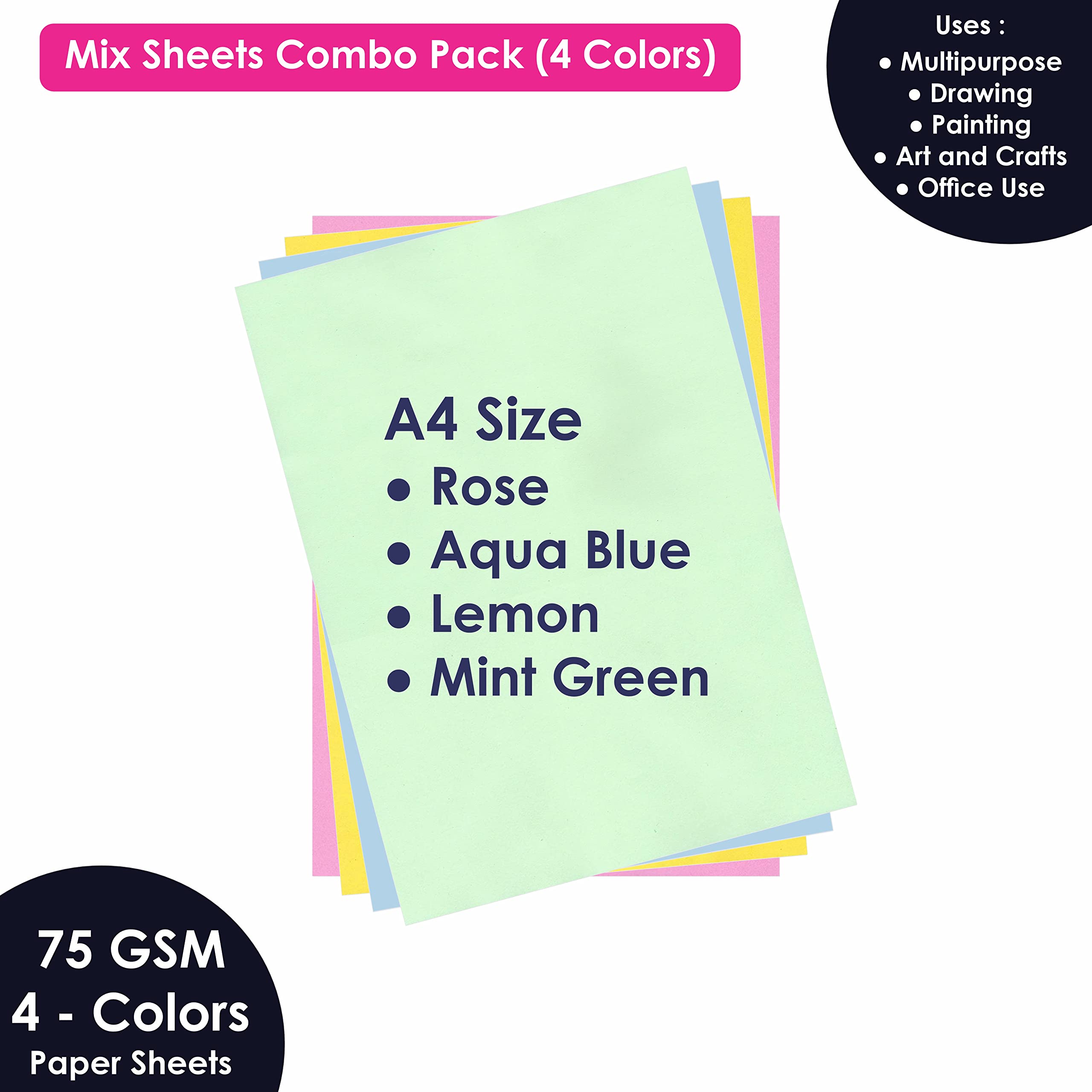 ESCAPER Paquete combinado de papel de color tamaño A4, 500 hojas de papel de color para impresión, manualidades y proyectos, 125 hojas cada una en rosa, menta, limón y aguamarina