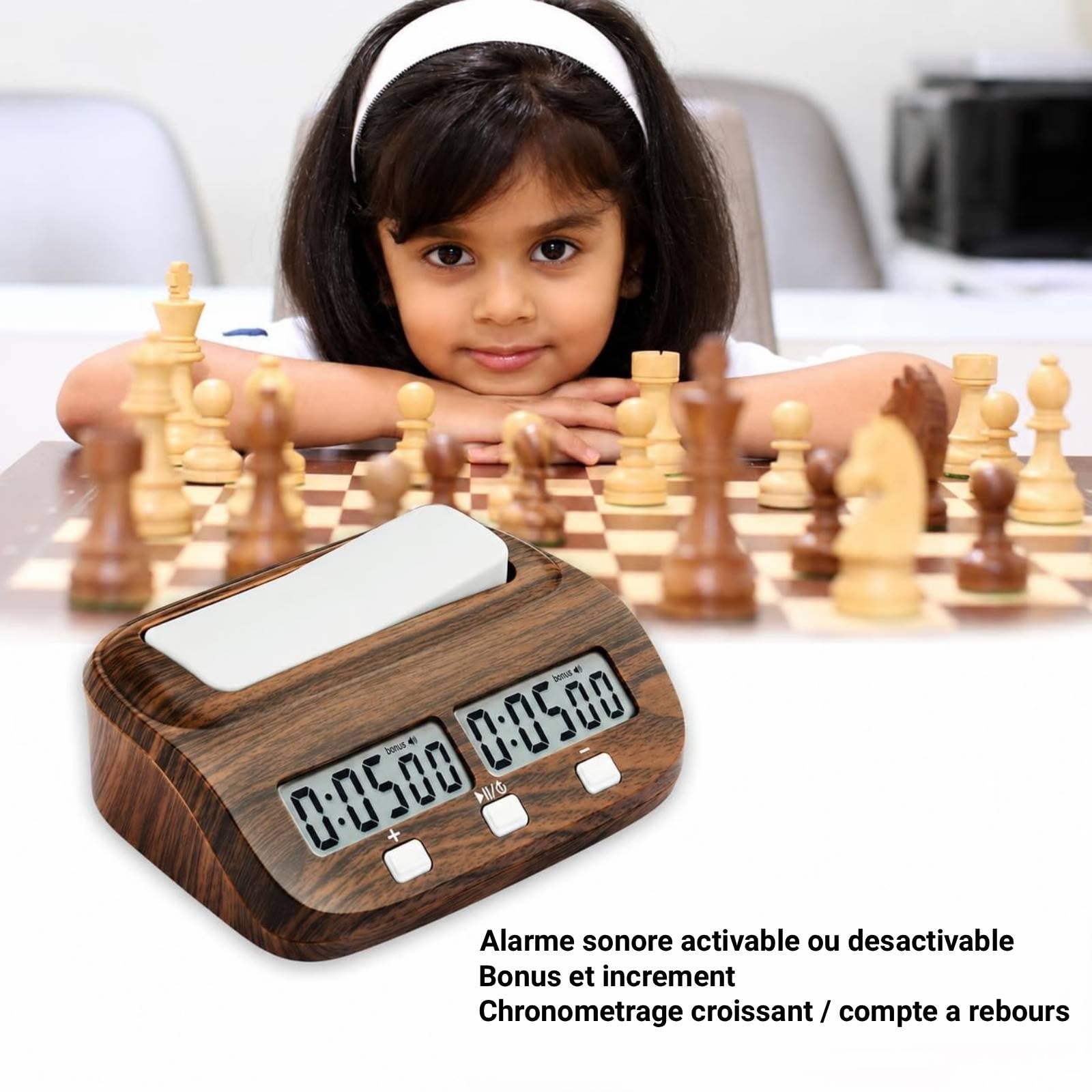 Horloge D'échecs Numérique Professionnelle, Minuteur Échec Electronique avec Compte à Rebours/Bonus/Retard, Pendule Echec Bois, Échiquier Electronique, pour Échecs, Jeu de Go et Gobang