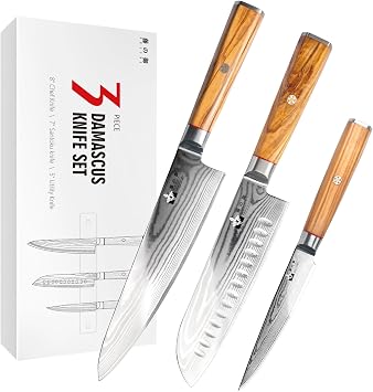 Damascus Kitchen Knife Set, Professional Chef Knife Set 67-Layer Damascus VG10 Steel, Olive Wood Handle with Gift Box, 3 Pieces