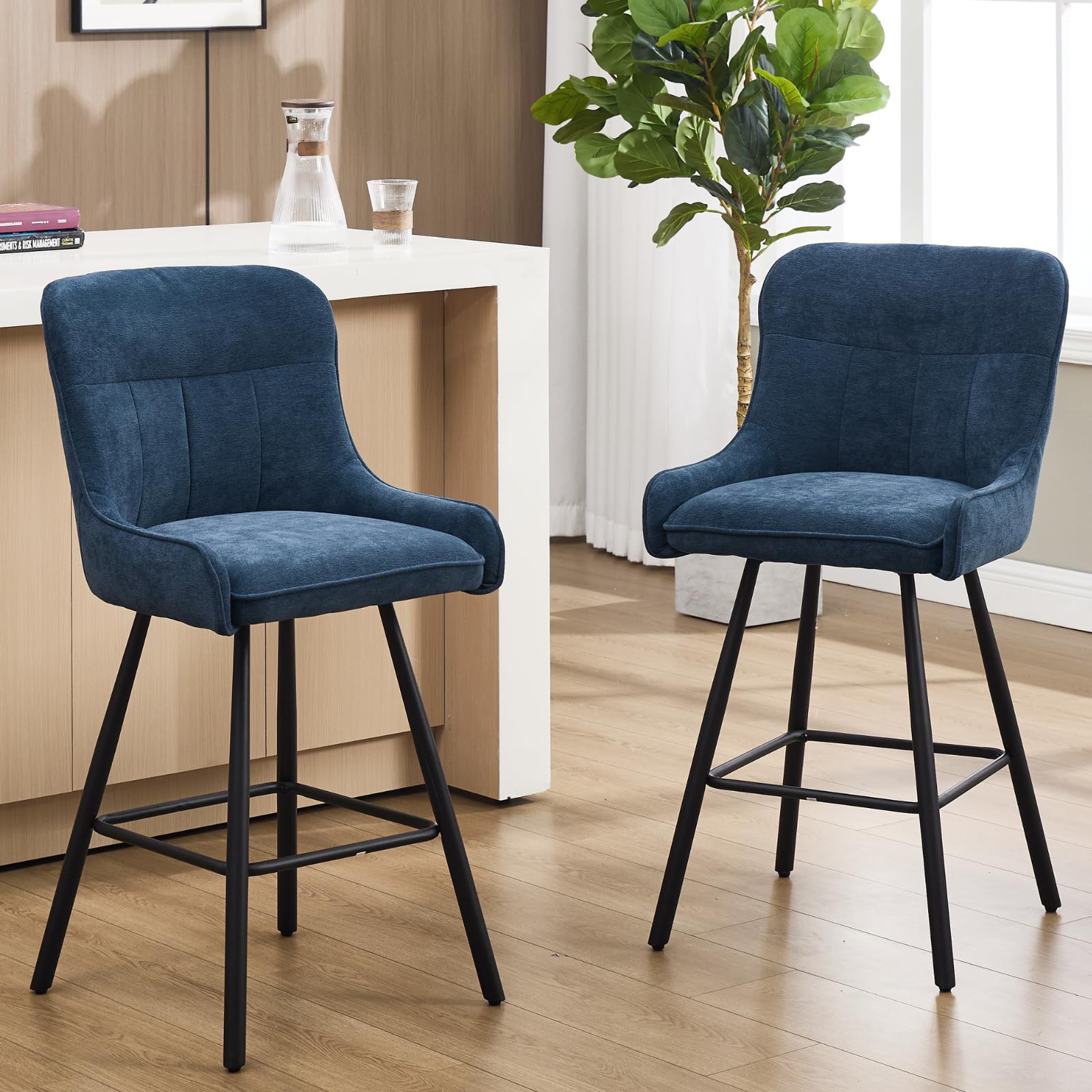 DAYALANE Lot De 2 Tabourets De Bar En Chenille Moderne Avec Pieds Métal - Avoine