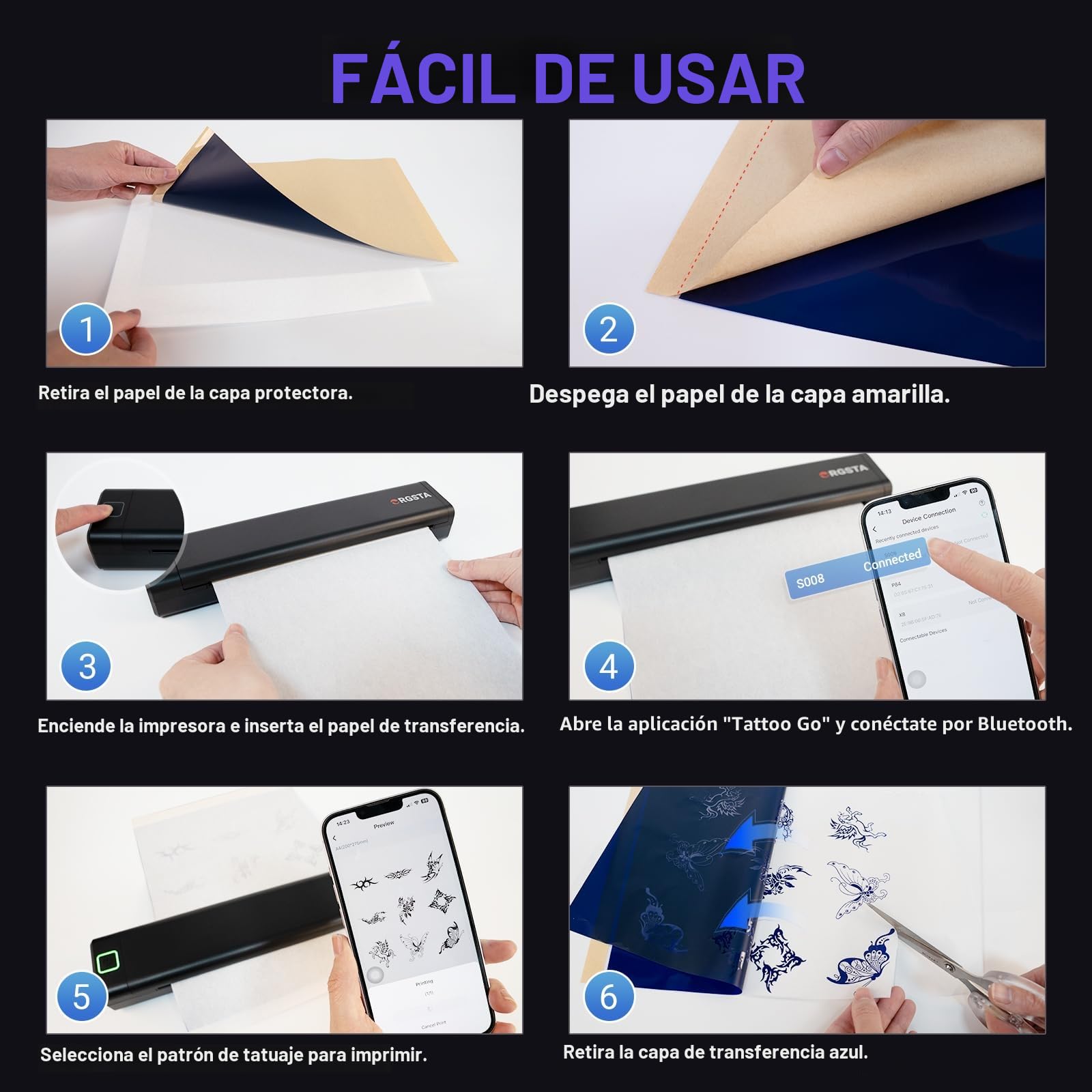 ORGSTA S008 Impresora de Tatuajes Térmica Bluetooth, Dispositivo Transferencia Estarcido Portátil para Principiantes con Papel