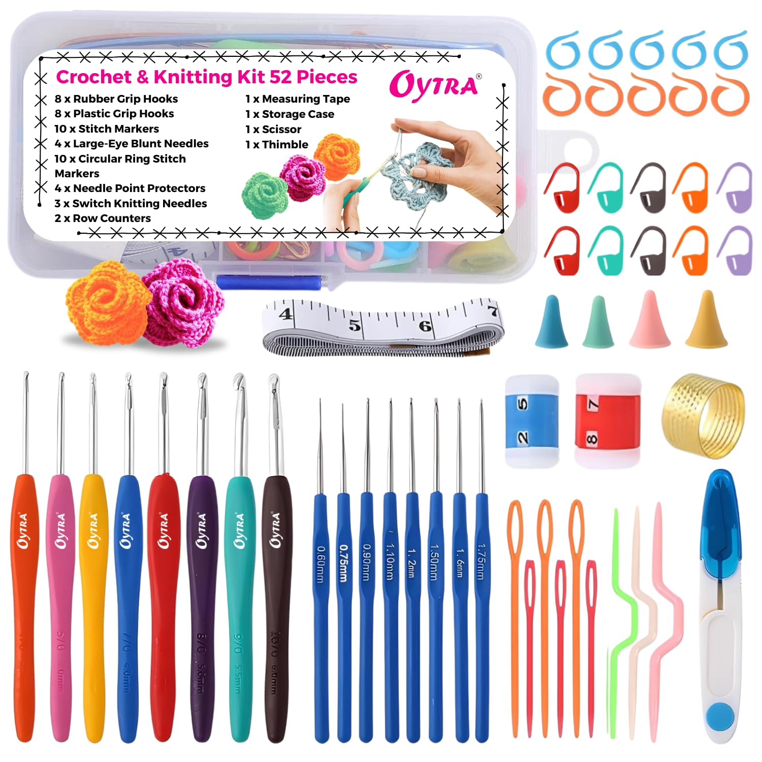 Oytra Crochet & Knitting Kit 52 Pieces Weaving Sewing Art Craft Ergonomic Hooks Yarn Needles Stitch Markers & Organizer Set for Beginners
