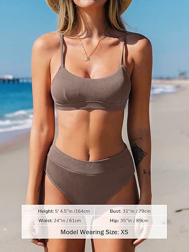 Miniatura 10 de CUPSHE Conjunto de bikini para mujer, traje de baño de dos piezas de cintura alta, tirantes delgados ajustables, gancho trasero sin espalda