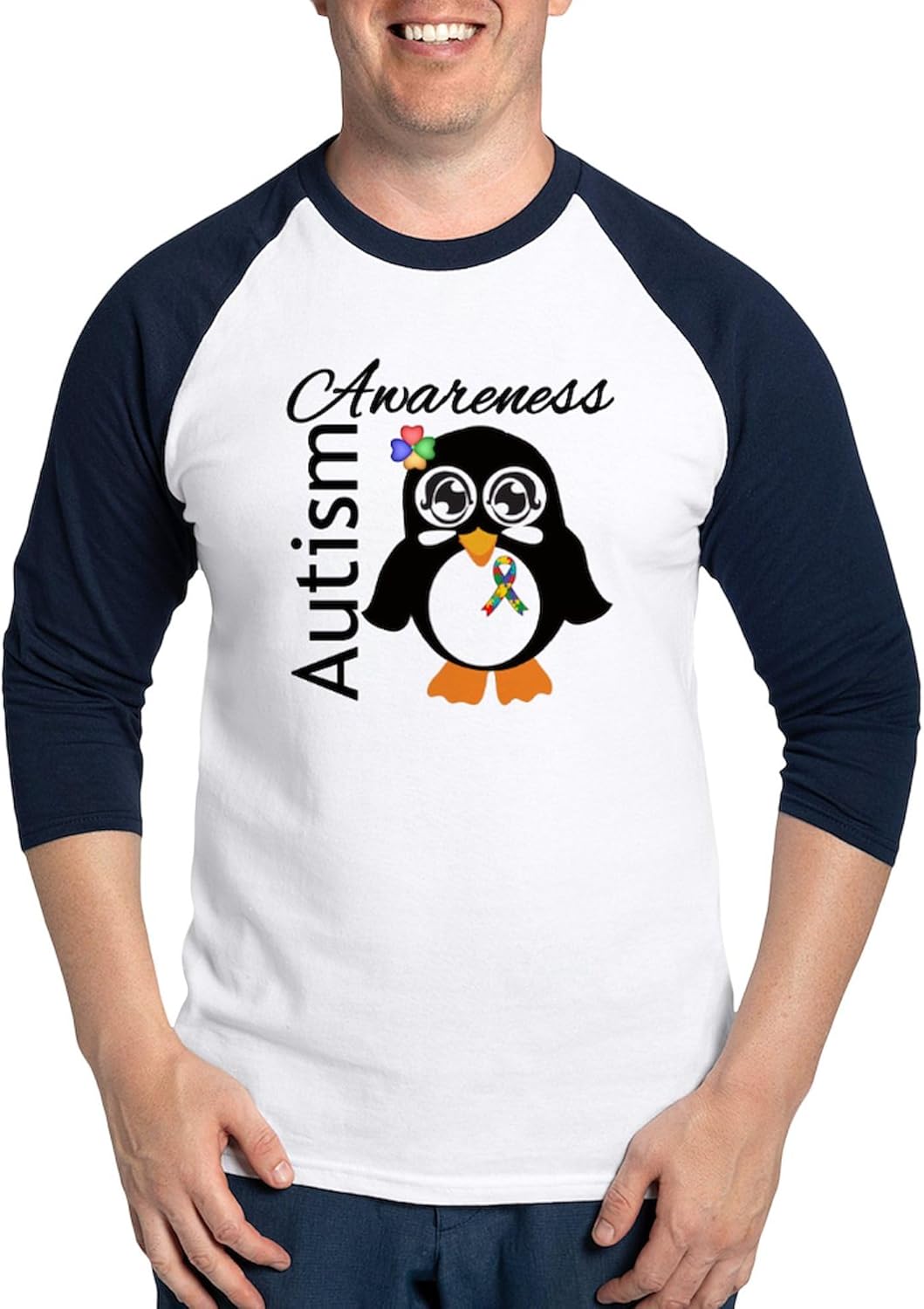 CafePress Penguin Autism Awareness Baseball Jersey Men's Cotton Baseball Jersey, 3/4 Raglan Sleeve Shirt