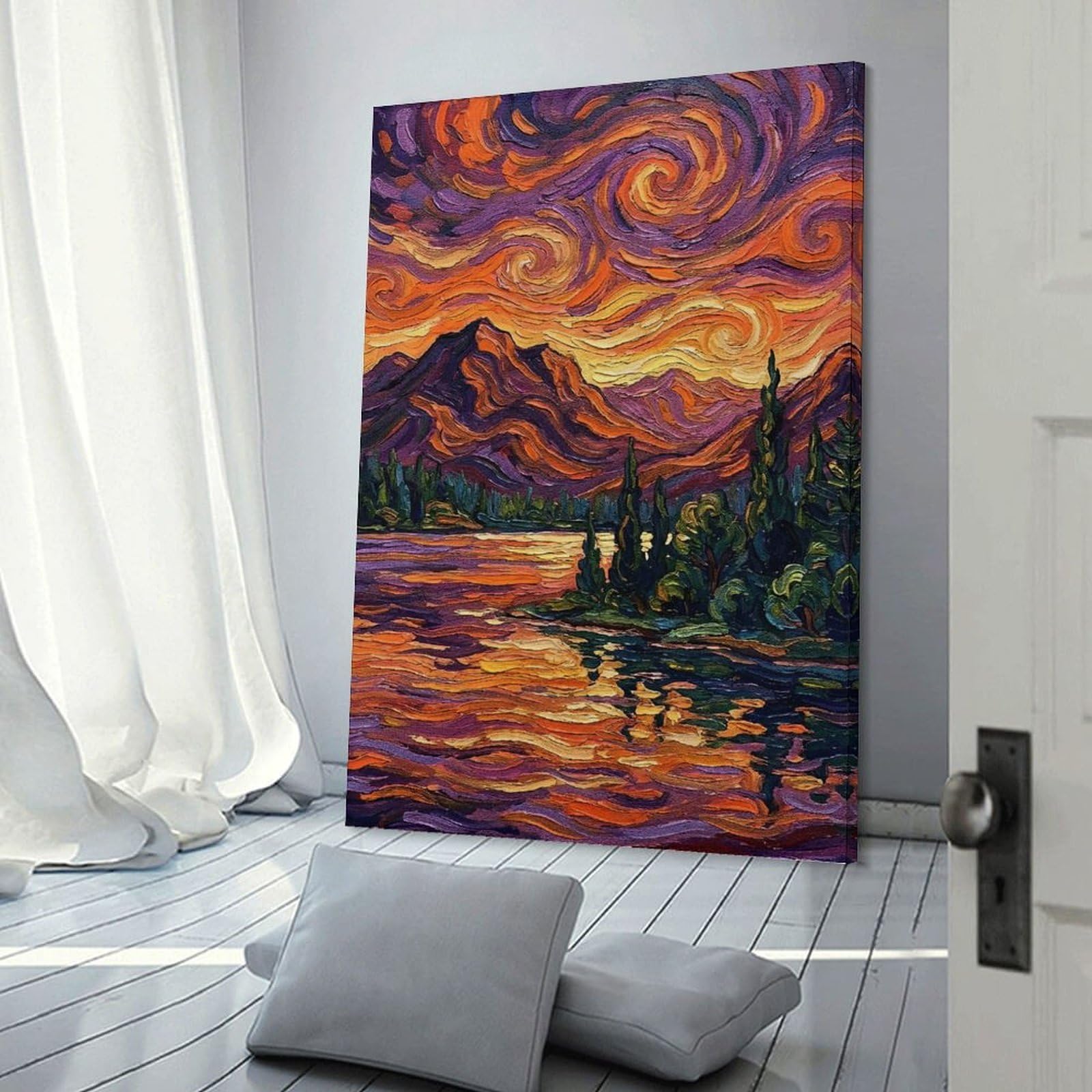 Junmoney Canvas Wall Picture Impressionistic Landscape Painting with Swirling Sky, 24x36inch(60x90cm), for Restful Interiors, Bedrooms Or Small Rooms, Home Artwork with A Soft Interior Feel