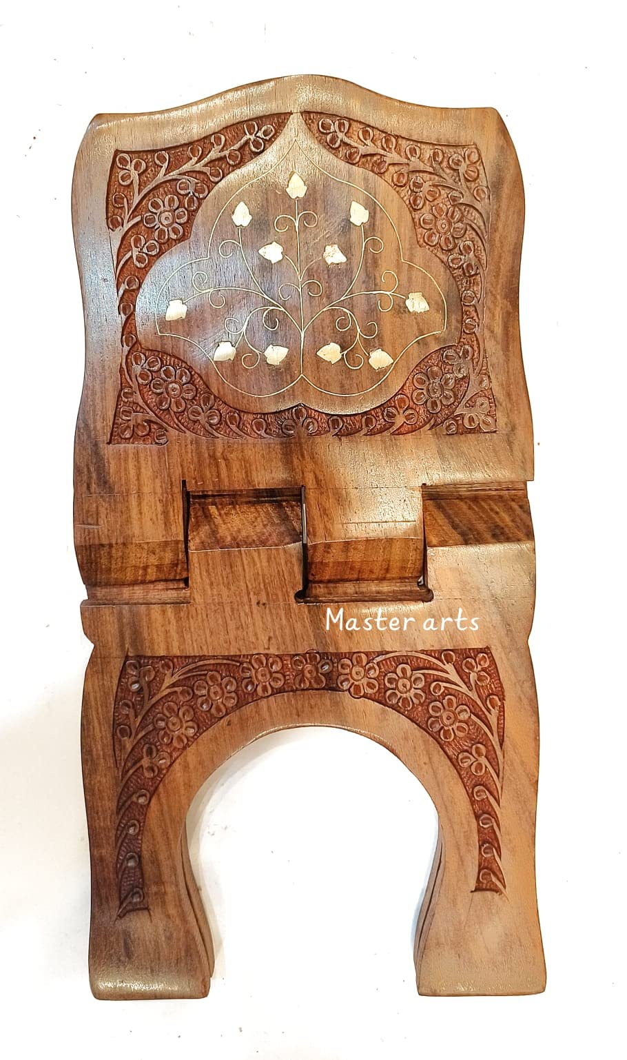 Master Arts Wooden Rehal (SIZE - 15 X 8 inches) with BRASS and CARVING WORK holy Book Stand for Reading Books Rahal in Pure shisham Wood with Handmade Kashmiri fine Carving Work-image-46