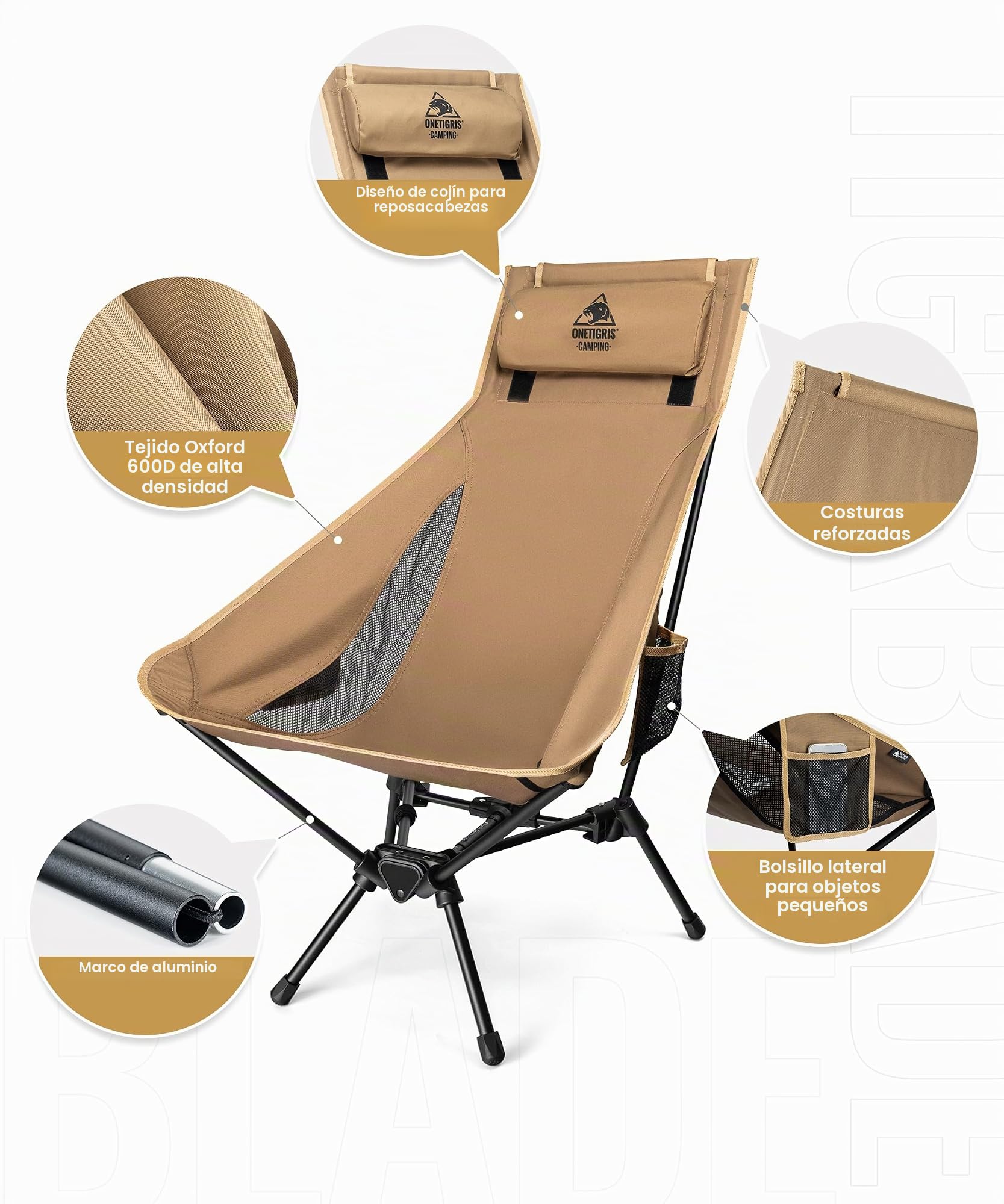 OneTigris TIGERBLADE Silla de Camping con Respaldo Alto, 170 kg, Ligera con Marco Triangular y 2 Bolsillos Laterales, Ultraligera