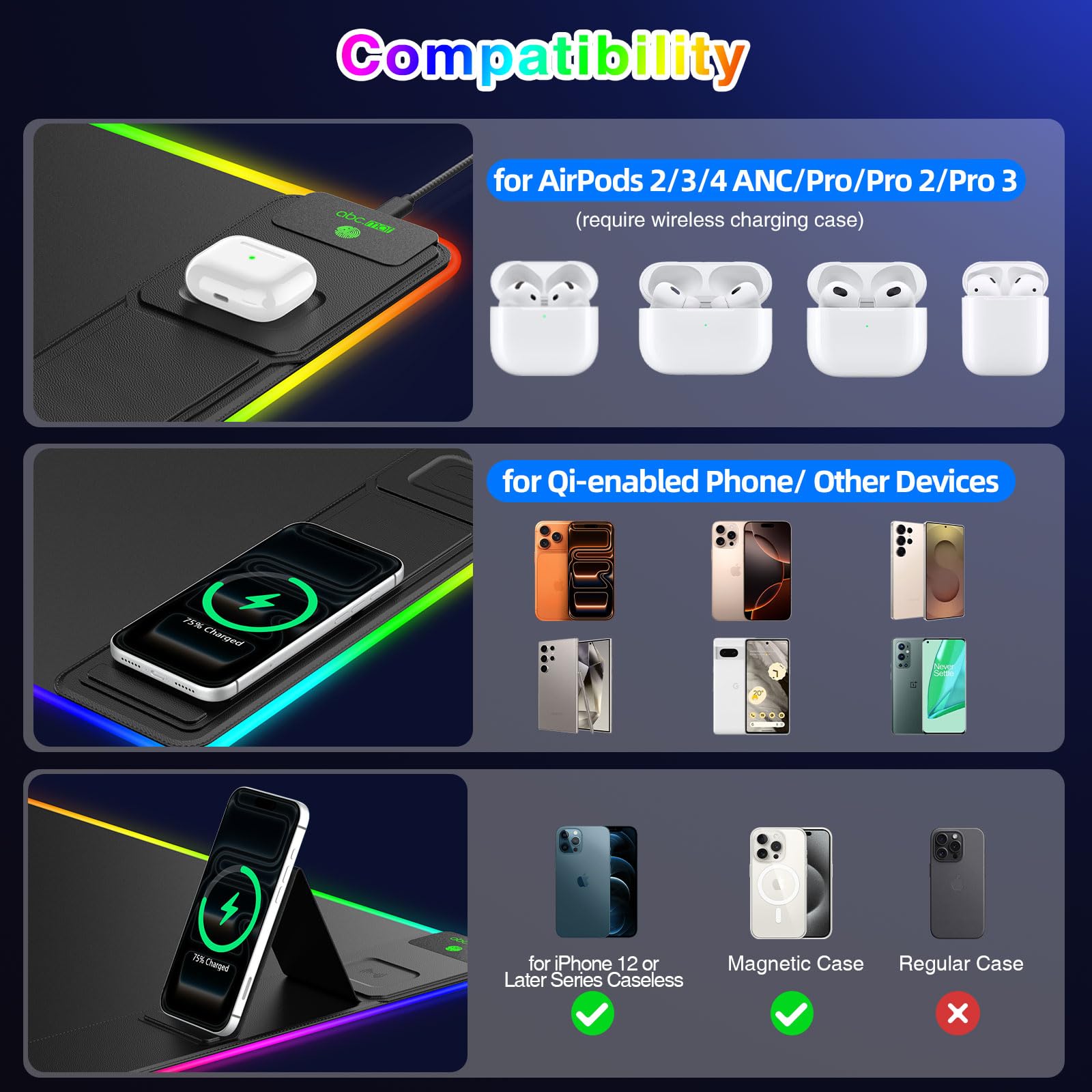 Tappetino per mouse da gioco XXL RGB LED con ricarica wireless magnetica e supporto pieghevole per telefono, 80 x 40 cm, tappetino da scrivania ultra liscio, 25 effetti di luce, base antiscivolo