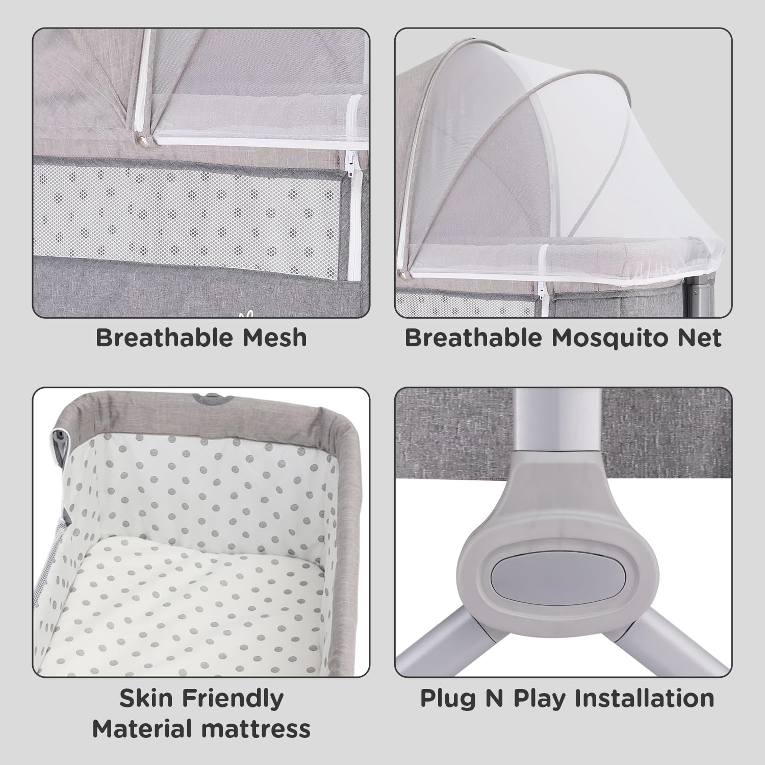 R for Rabbit Hop A Little Baby Cot Bedside Bassinet for Kids | 4 Level Height Adjustment Crib with Breathable Mesh for 0 to 12 Months Infant Weight Capacity Upto 20kgs (Dark Grey) 1