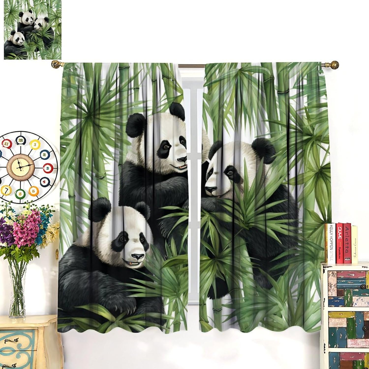 Brebasf Watercolor Forest Bamboo Panda Rod Pocket Curtains - Rustic Green Leaves Cute Jungle Animal Panda Modern Room Darkening Thermal Window Blackout Curtains for Bedroom 2 Panels 45"L x 21"W