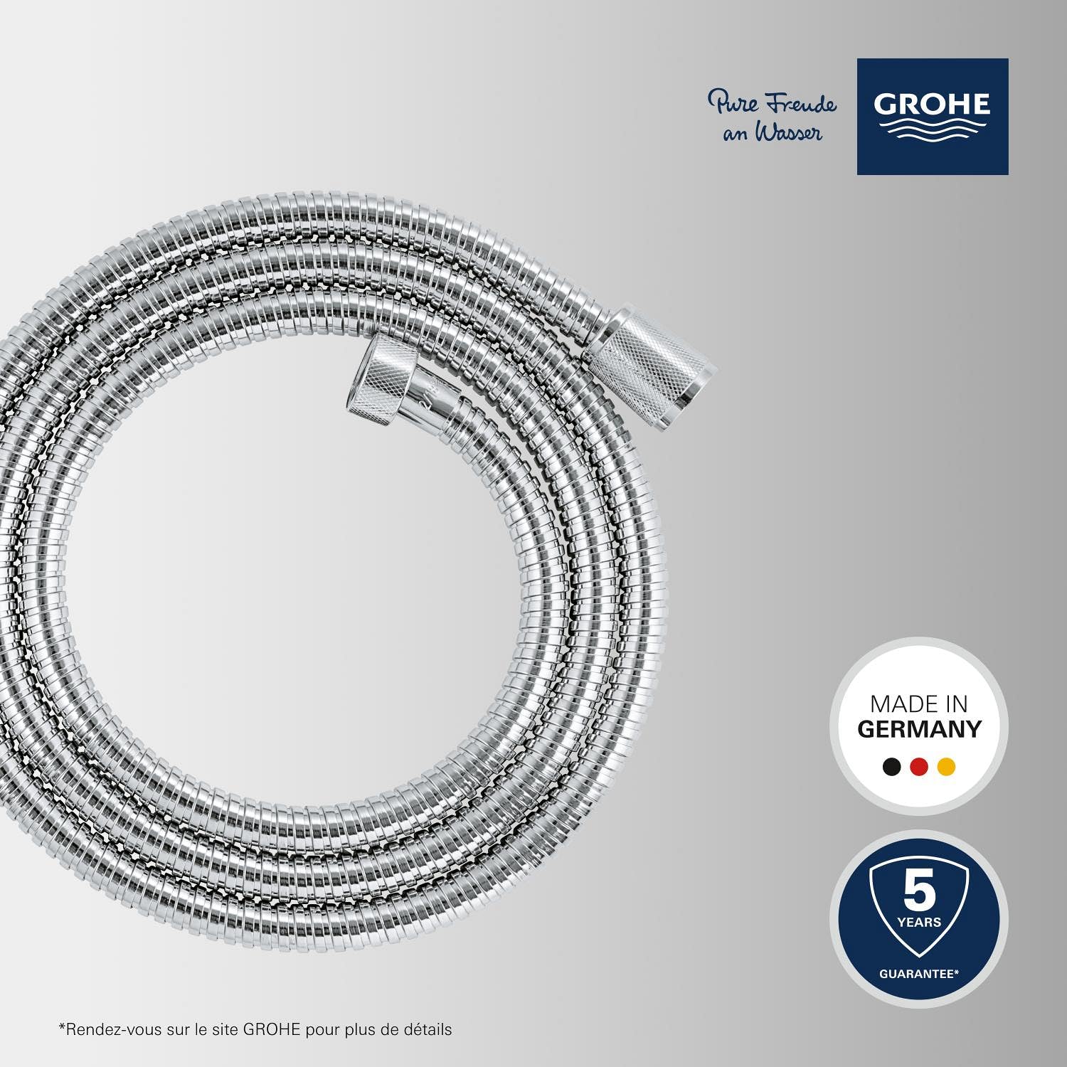 GROHE Flexible tuyau de douche salle de bains VitalioFlex métallique, tuyau de douche 1500mm, anti-pliures, finition brillante, raccord fileté universel 1/2", chromé, 27503001 (Import Allemagne)
