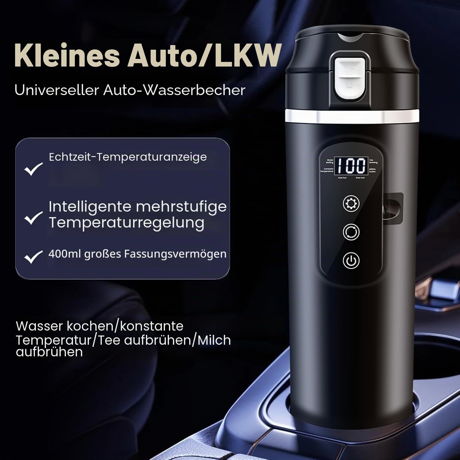 DC 12V/24V Auto Reise Elektrischer Wasserkocher, 400ml Auto Heizbecher mit Anti-Spill Deckel, Auslaufsicher, 304 Edelstahl Liner Tragbare Kaffee Tee Tasse Bis zu 100℃ Variable Temperaturregelung