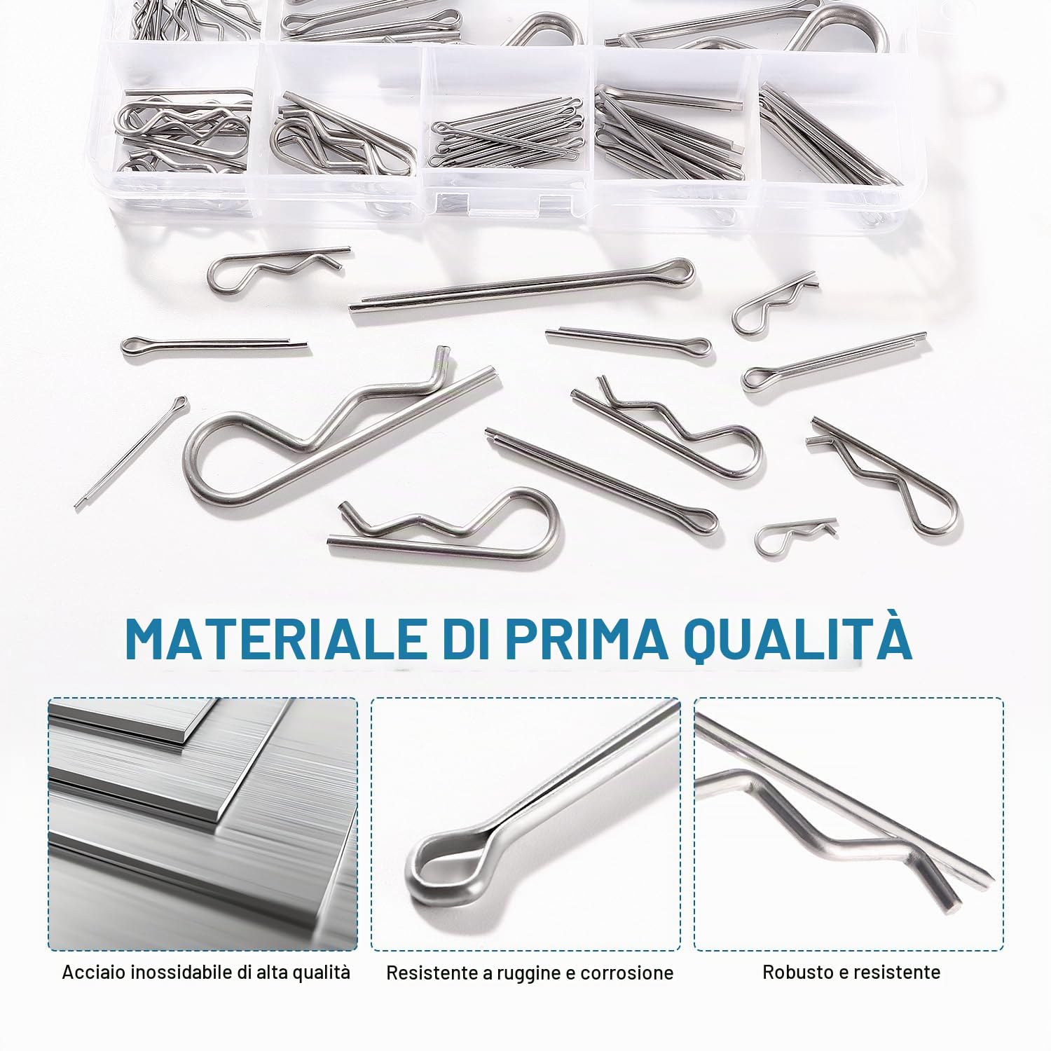 VooGenzek 100 Pezzi 13 Taglie Kit di Coppiglia Acciaio Inossidabile, R Clip Perni di Fissaggio, Coppiglie, per Auto, Meccanica, Garage, Officina