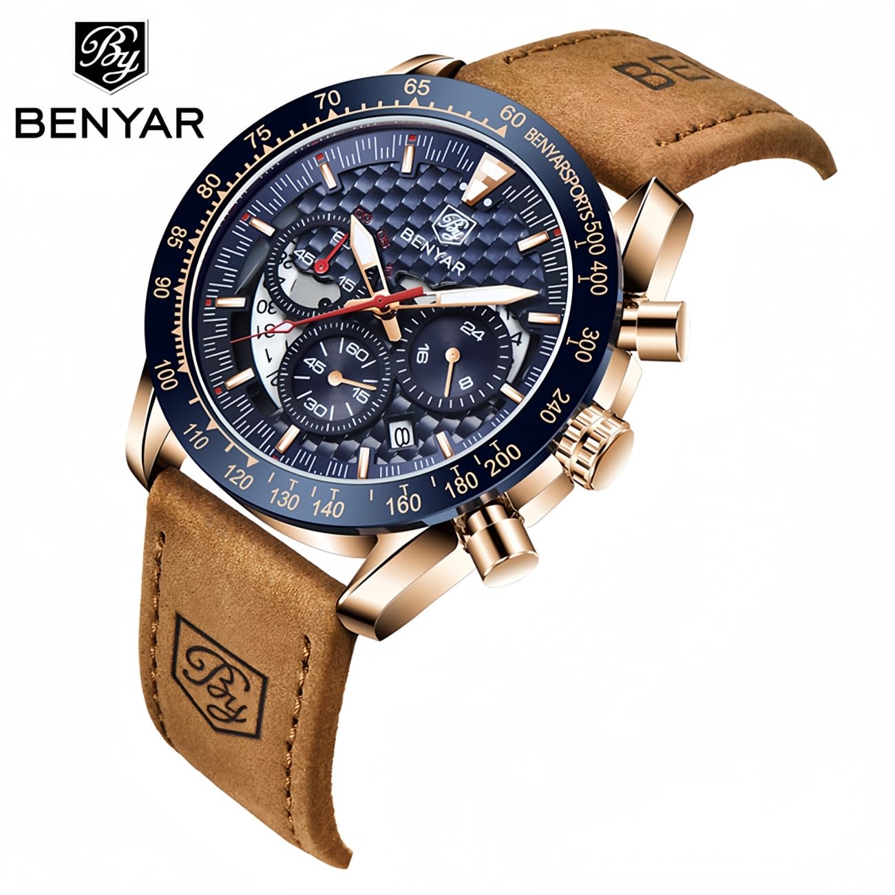 BENYAR BY Herren-Armbanduhr, wasserdicht, Chronograph, beleuchtet, klassisch, Lederarmband, großes Zifferblatt, Datum, Analog, Herren, Elegantes Geschenk