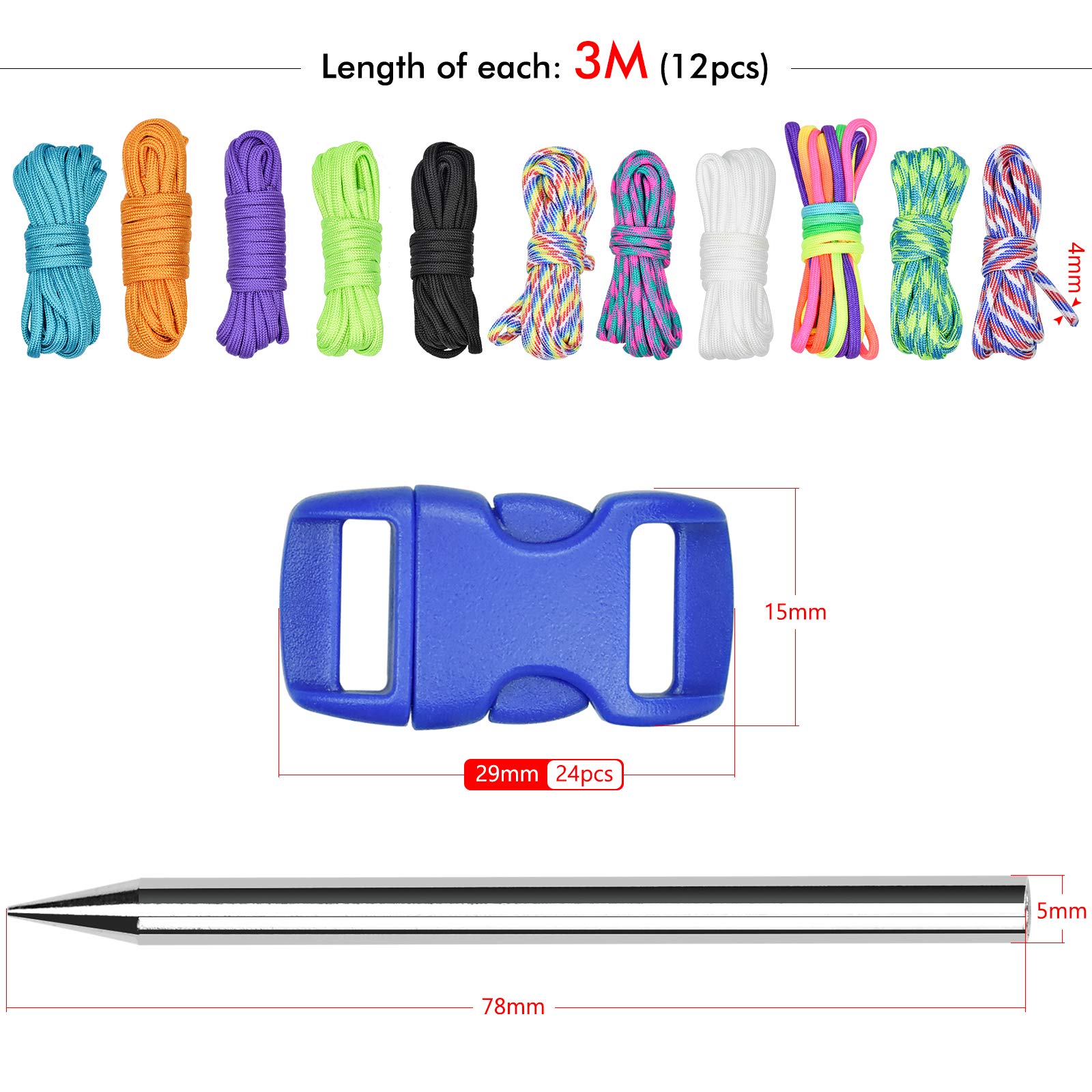 Inntek 12 Stück 10 Fuß Paracord Schnur 550 Paracord Seile, Paracord Armband Paracord Bänder Set mit 24 Paracord Steckverschluss für DIY Armbänder, Schlüsselanhänger,Hundeleinen, Leinen, Zeltseil