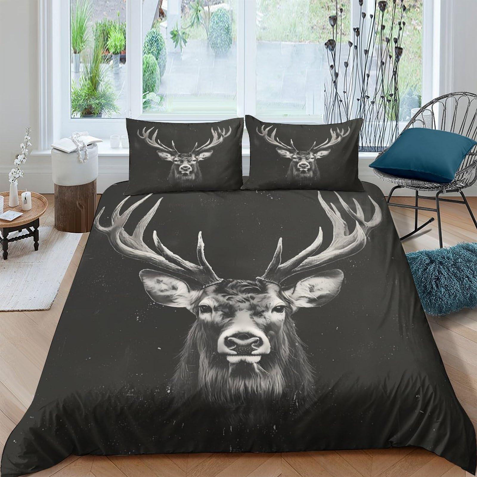 Ctjqhvkz Style-3 3D Printed Deer Antlers Fitted Sheet Microfiber Soft Black Stag Head Mattress Cover For Bedroom Dorm Decor Single（135X200cm）