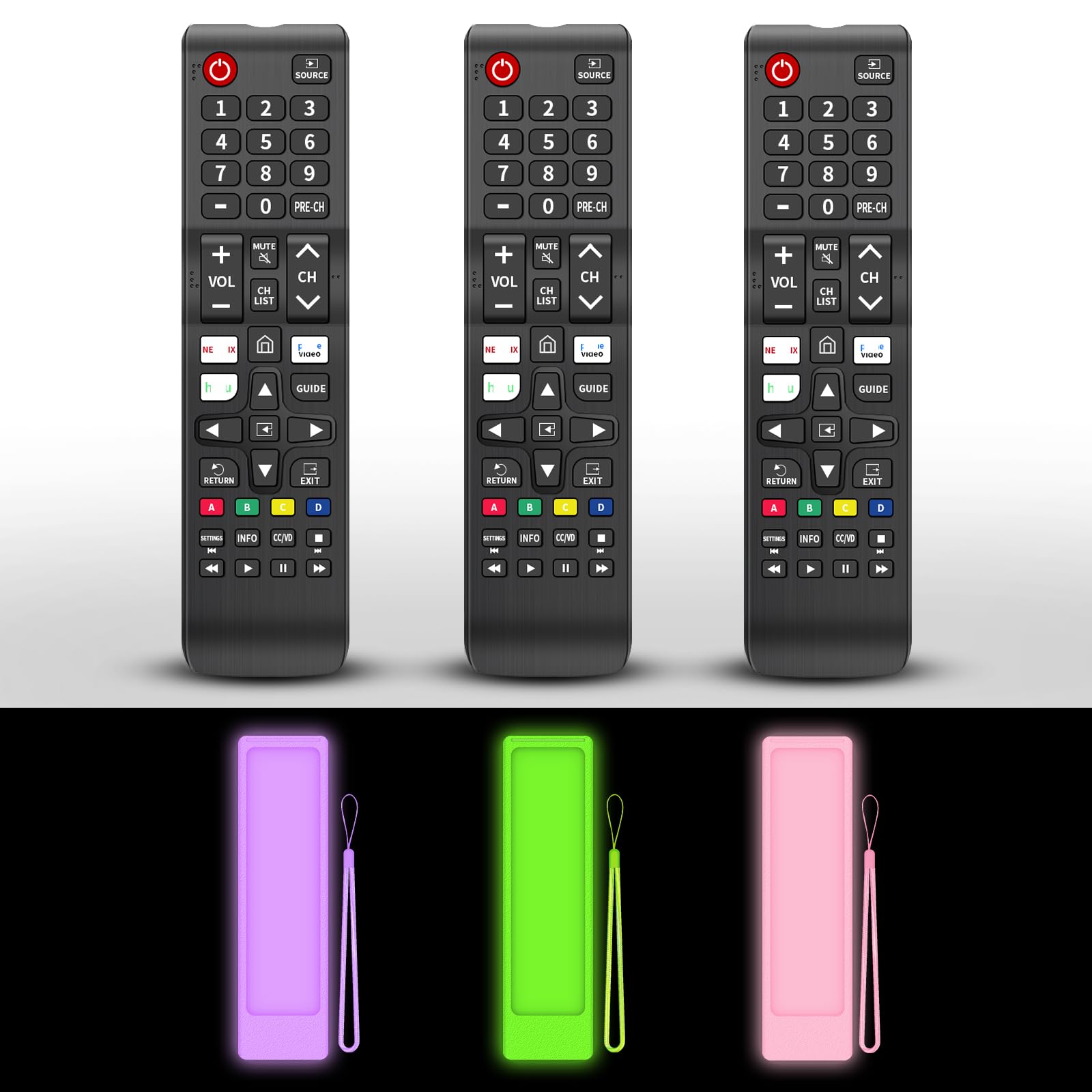 Mando a distancia de repuesto (3+3 paquetes) sin configuración para Samsung TV con funda protectora suave de silicona antipérdida, verde, rosa y morado, compatible con modelos de televisores