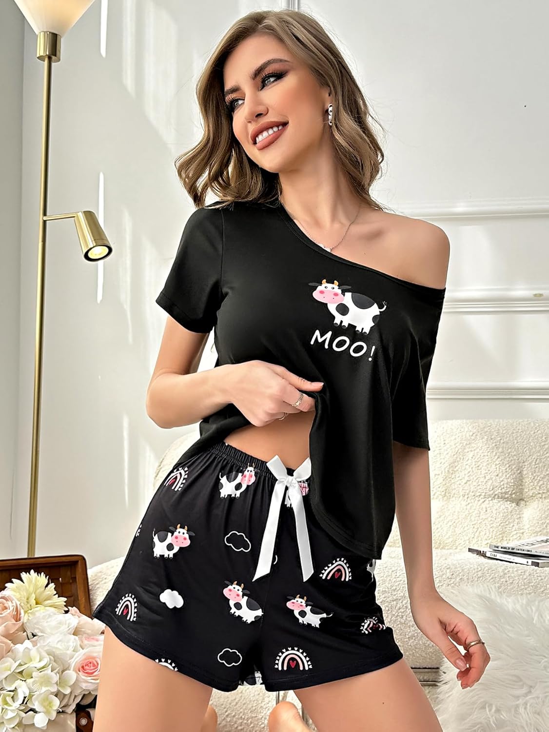 WDIRARA Women's 2 Piece Sleepwear Pajama Set Cartoon Print Tee Top and Shorts Loungewear - Image 3