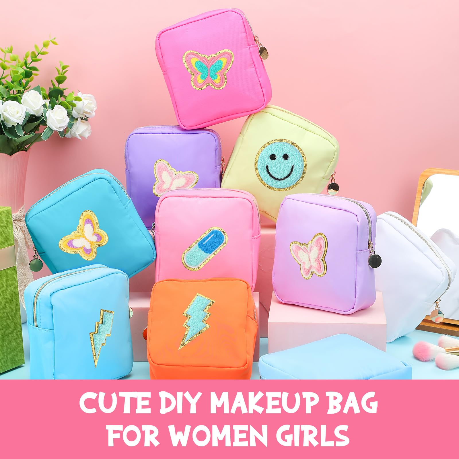 Umigy Preppy urocze podróżne kosmetyczki, kosmetyczki, duże nylonowe etui na przybory do makijażu, małe woreczki z zamkiem błyskawicznym, mała kosmetyczka dla kobiet, dziewcząt, prezenty, DIY,
