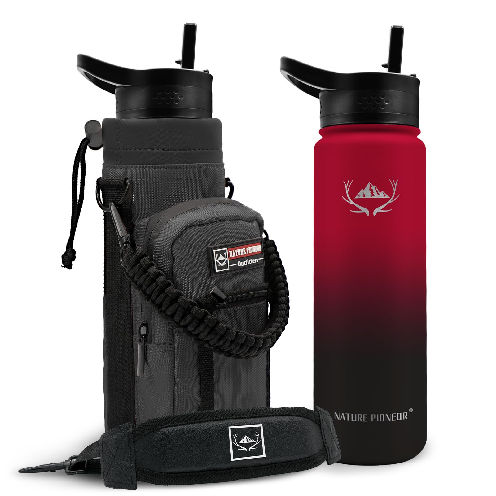 NATURE PIONEOR 24 oz Insulated Water Bottle - Double Vacuum Stainless Steel Water Bottle with Holder & 3 Leakproof, BPA Free Bottle Lid, 24oz Water