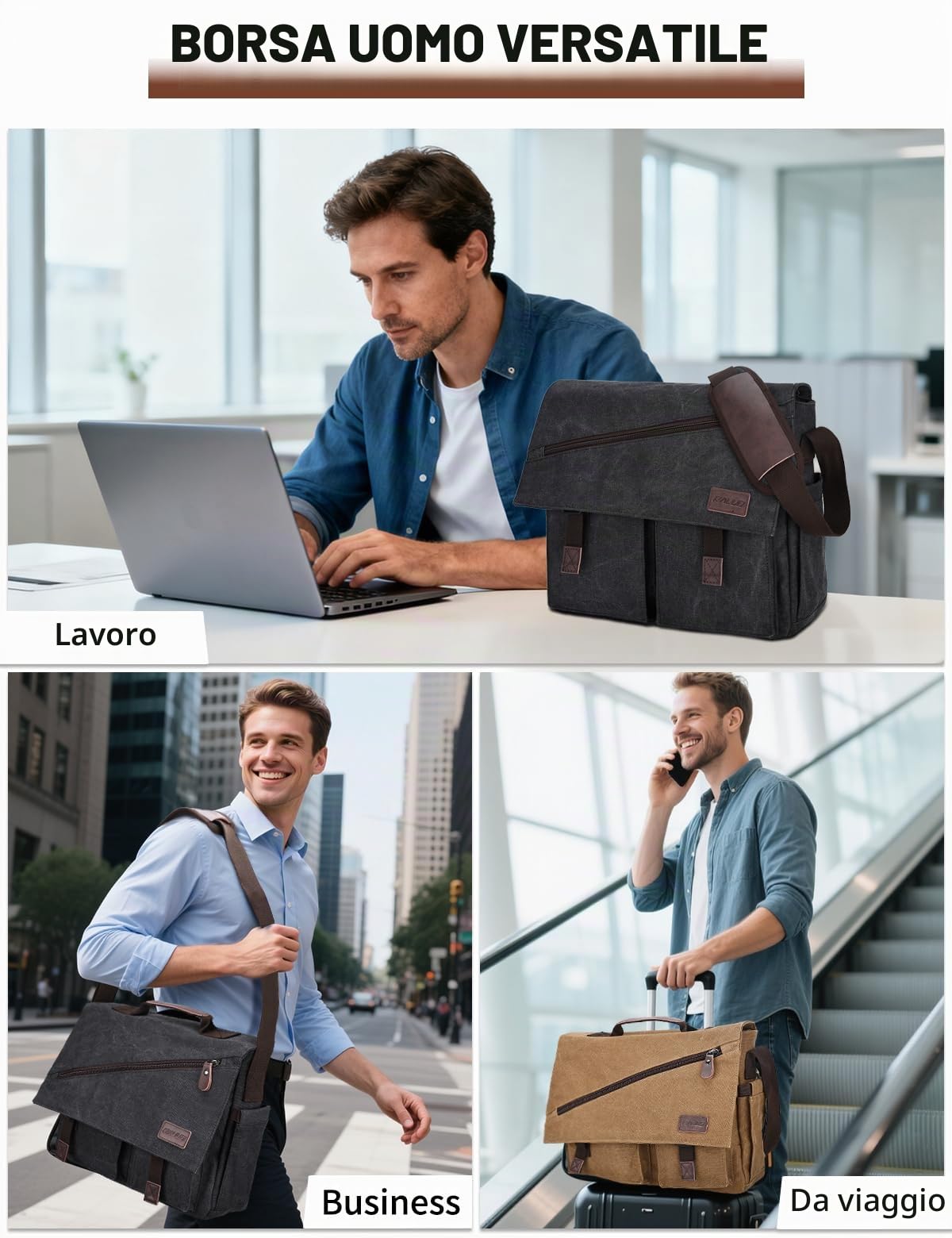 RAVUO Borse a Tracolla Uomo,Messaggero Sacchetto in Tela Resistente all'acqua da 15.6 Pollici Vintage Crossbody Daybag by Caffè