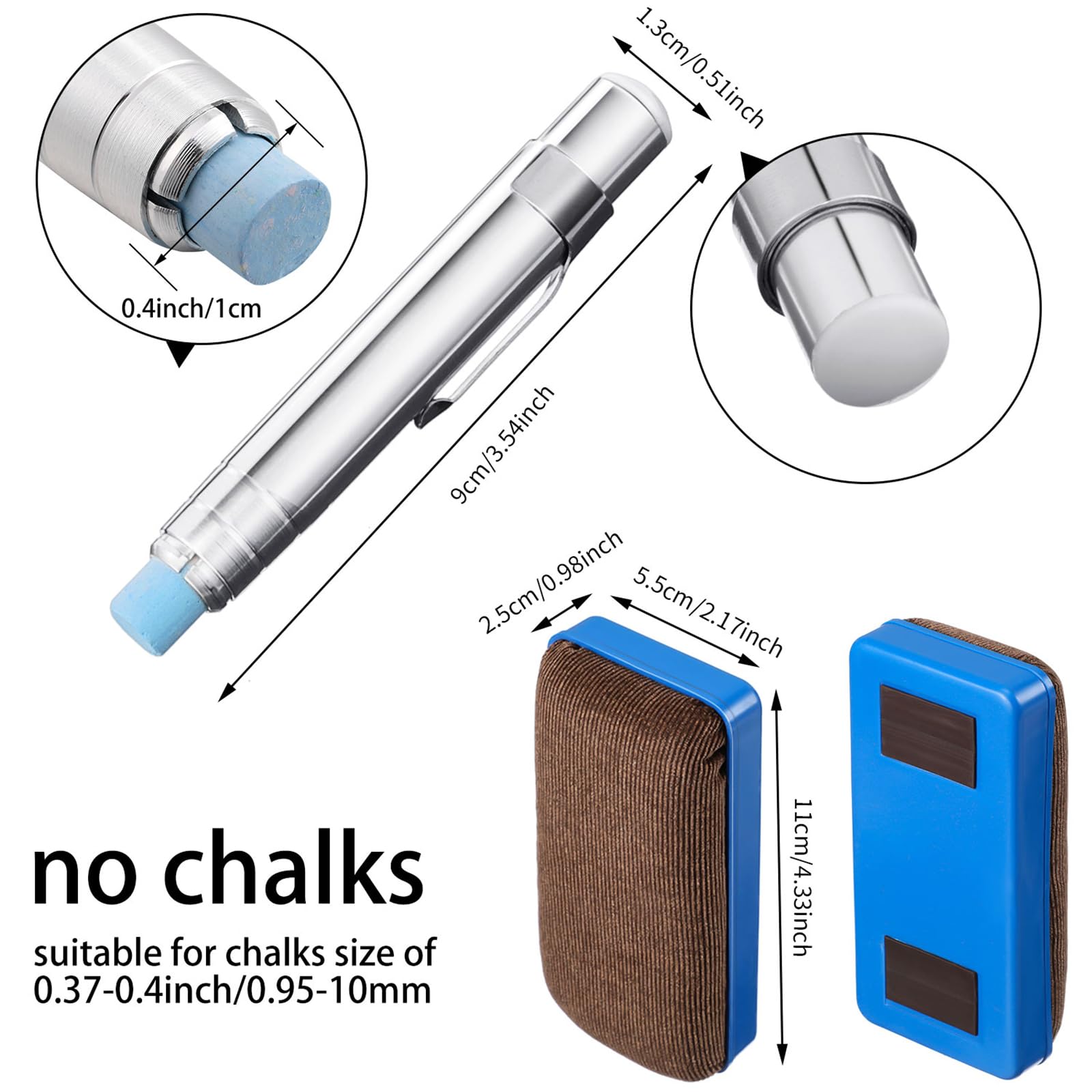 Zonon 5 Packs Aluminum Alloy Chalk Holders for Teachers Sidewalk Holders Clip with 2 Magnetic Chalkboard Erasers Adjustable Unbroken Keeper for Office Painting Writing (No Chalks) - Image 2