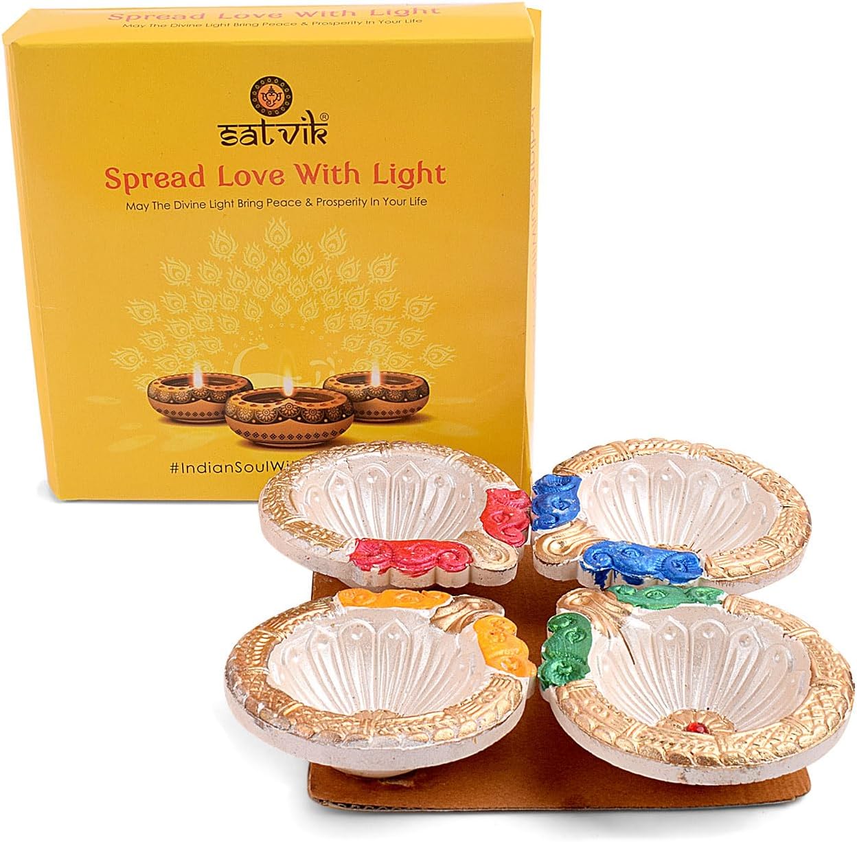 SATVIK 4 Pc Multicolor Clay Diya Terracotta Dia Traditional Puja Vilakku Oil Lamp Natural Mitti Diya Tea Light Welcome Diwali Deepawali Navratri Pooja Décorations Indian Housewarming Return Gift Item