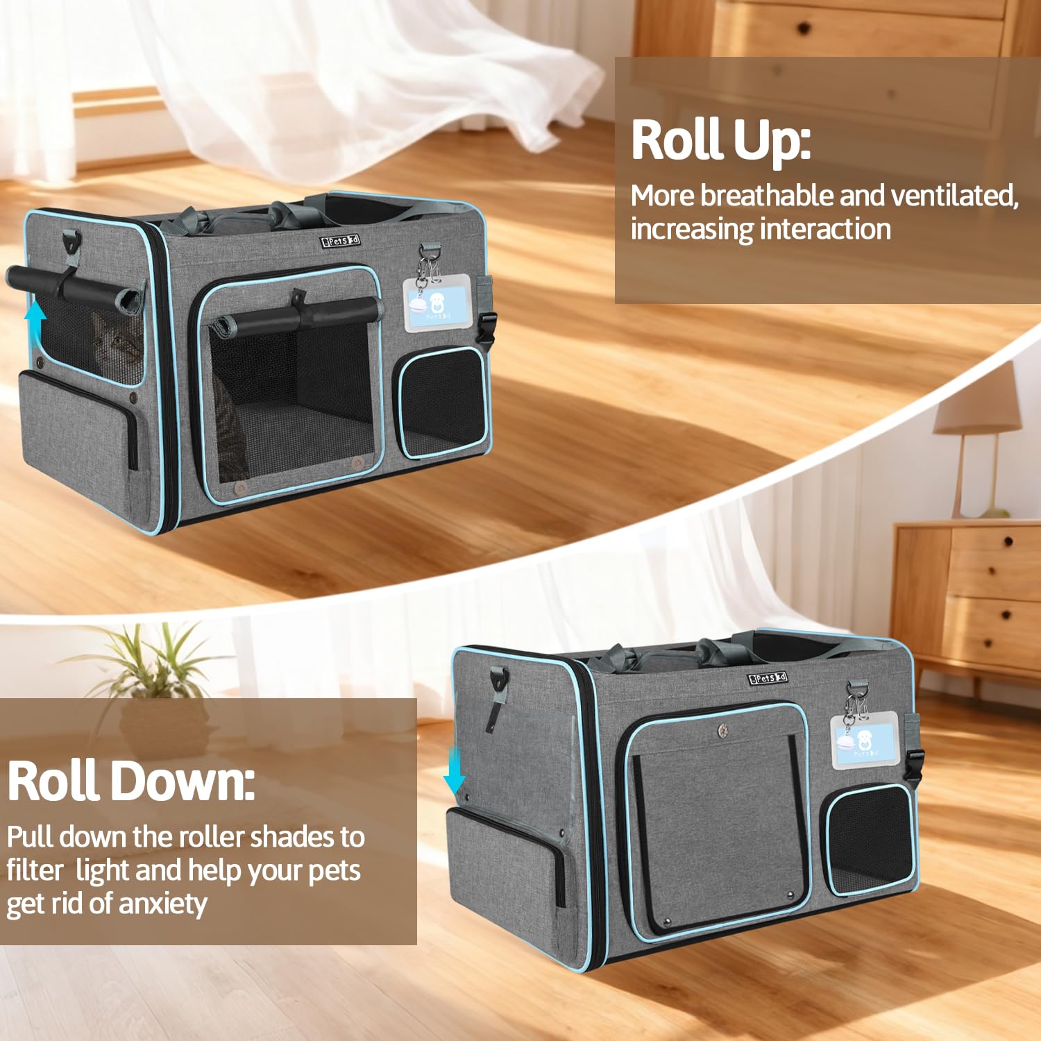 Petskd Side Expandable Extra Large Cat Car Carrier with Collapsible Litter Box for Long Distance Travel,24"x17"x17" Portable Soft Sided Pet Carrier with Roller Shades for 2 Cats Up to 55LBS(Grey) - image 4
