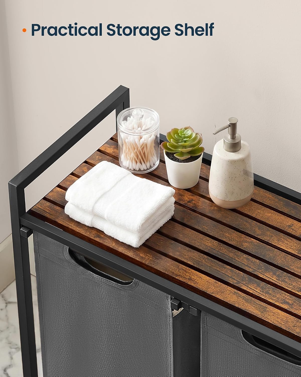 Wäschekorb 2-Fächer, 2x46L, 73x30x74cm, Grau, mit Metallrahmen & Holzablage, herausnehmbare Oxford-Säcke, moderner Wäschesammler für Bad und Schlafzimmer