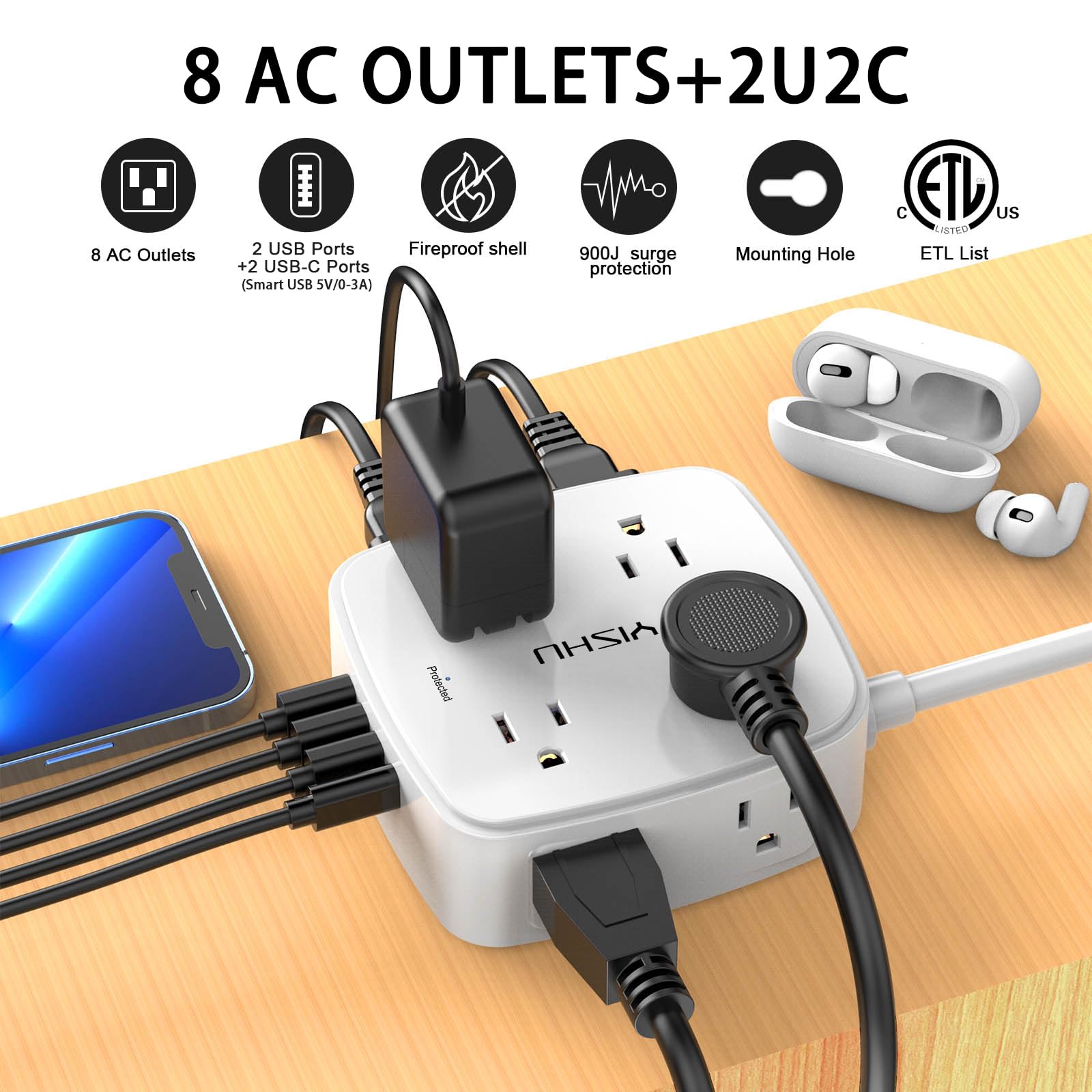 YISHU 6Ft Surge Protector Power Strip with 8 Widely Outlets & 4 USB Ports — Amazon image 2