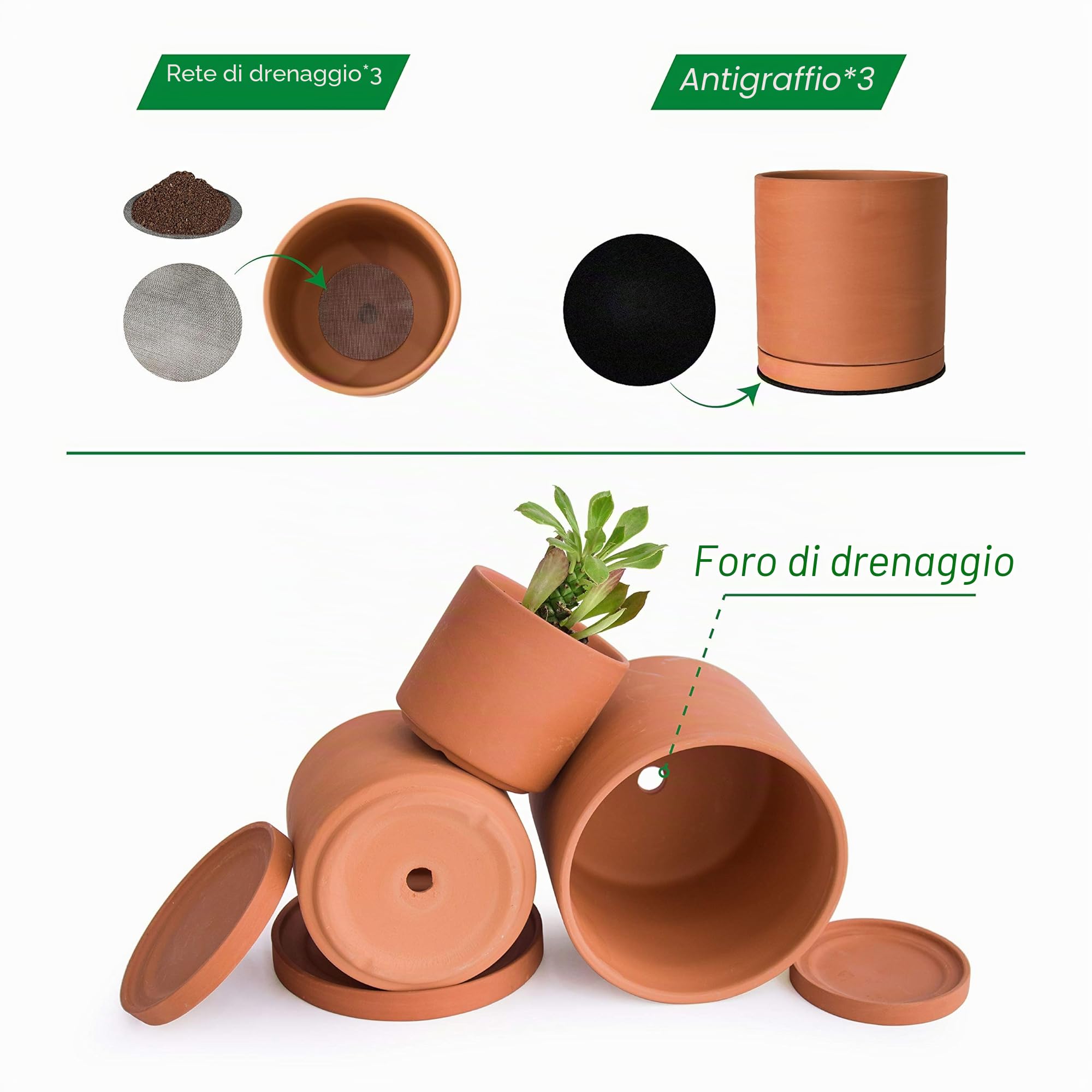 D'vine Dev Vasi in terracotta per piante, 10,7 cm, 14,5 cm, 14,5 cm, vaso per piante grasse con drenaggio e piattino, 40-A-T-1