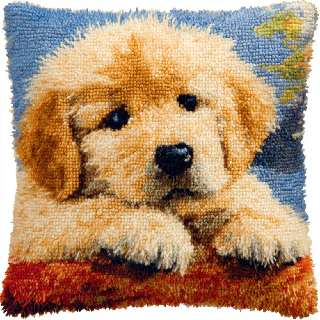 Kitquiver Animal Latch Hook Craft Kits Golden Retriever Portrait Crochet Needlework Crafts with Latch Hook Tool for Adults DIY Handmade Home Cushion Kits Decor 17x17In