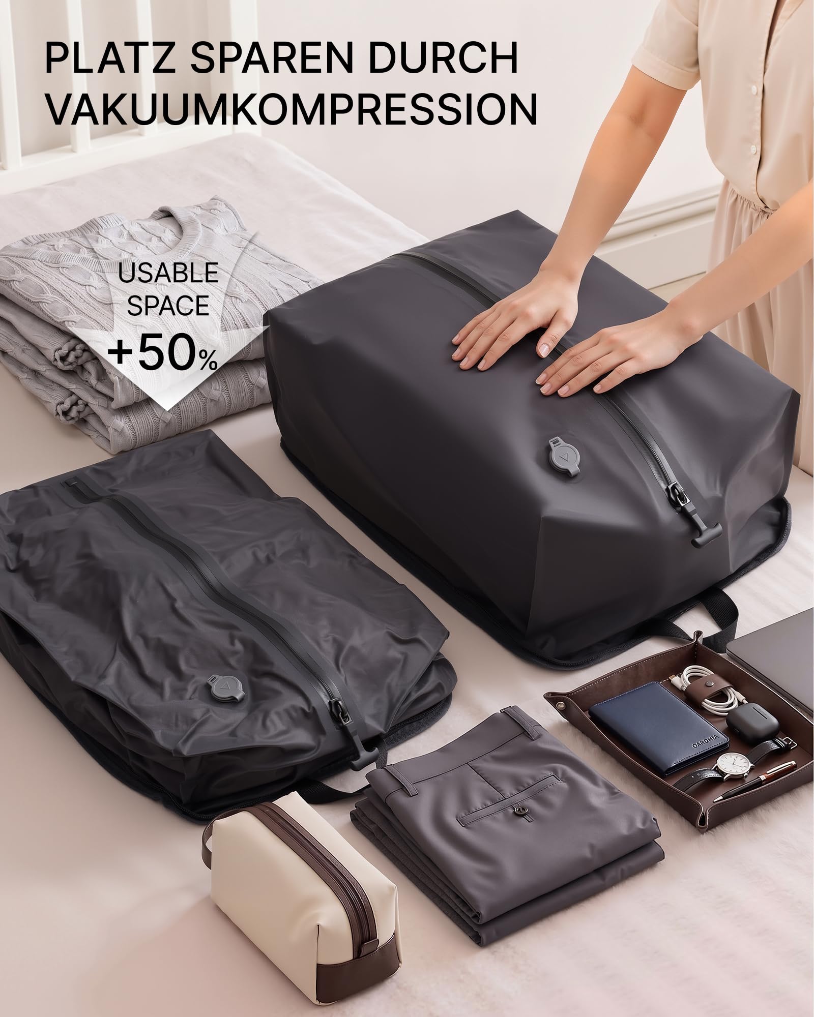 COOLIFE Vakuum Rucksack Handgepäck 45x36x20 EasyJet Eurowings Vakuumpumpe | Abnehmb.Vakuumbeutel, 50% mehrPlatz, Laptopfach 17 Zoll – Business Trip, Wochenendtrip & Meeting für Damen Herren