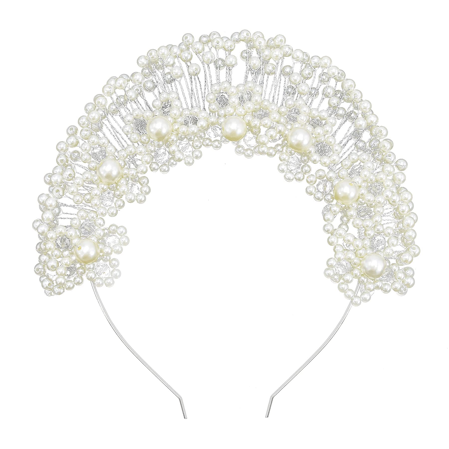 idealwayBeaded Crown Headband - Gold White Pearl Handmade Tiara for Wedding and Party Bride Queen Head Piece