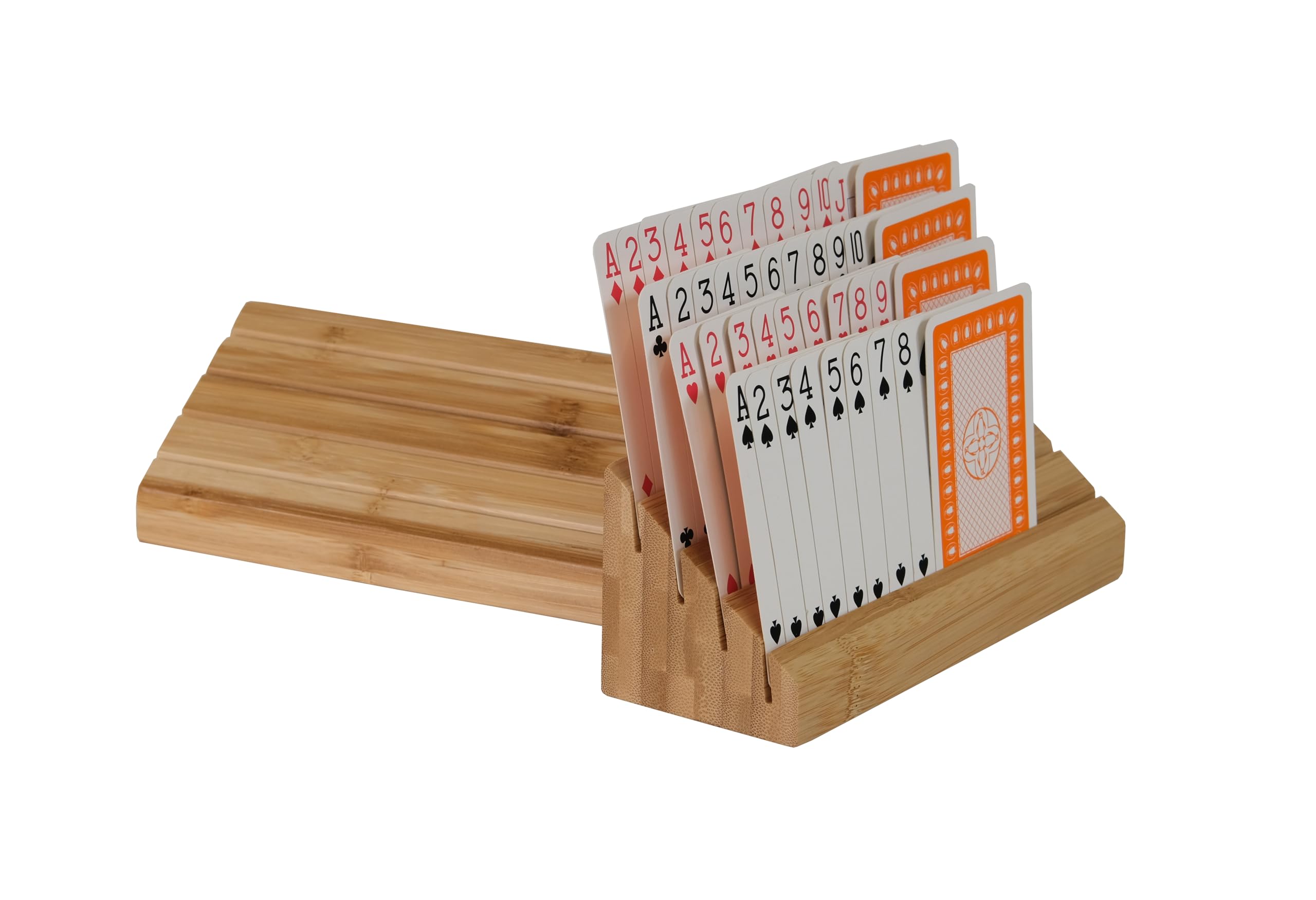 Osco Playing Card Holders Set of 2, Bamboo Card Deck Organiser Tray for Poker, Bridge, Rummy & Tabletop Board Games, Hands Free Cards Rack for Adults & Kids, Each Unit Measures H6.5×W18×D6.5 cm