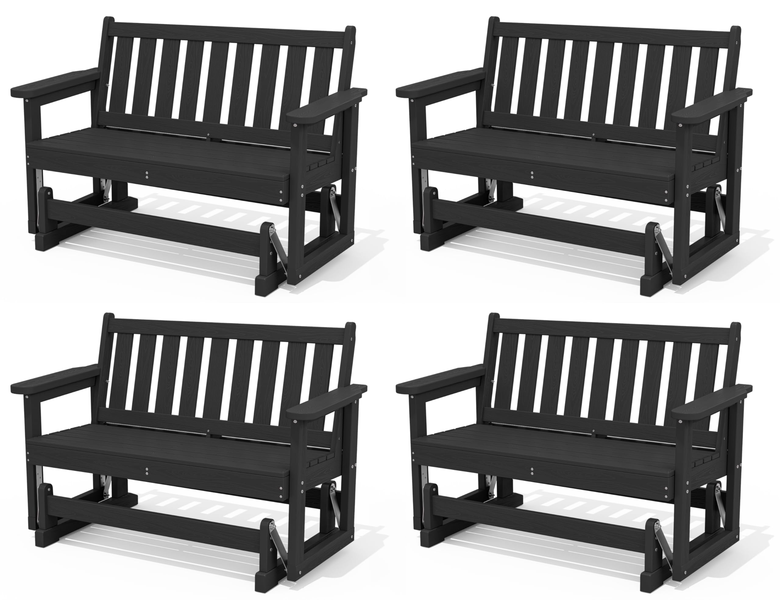 SERWALL HDPE Outdoor Glider Bench Set of 4, All Weather, 660lbs Cap, Black
