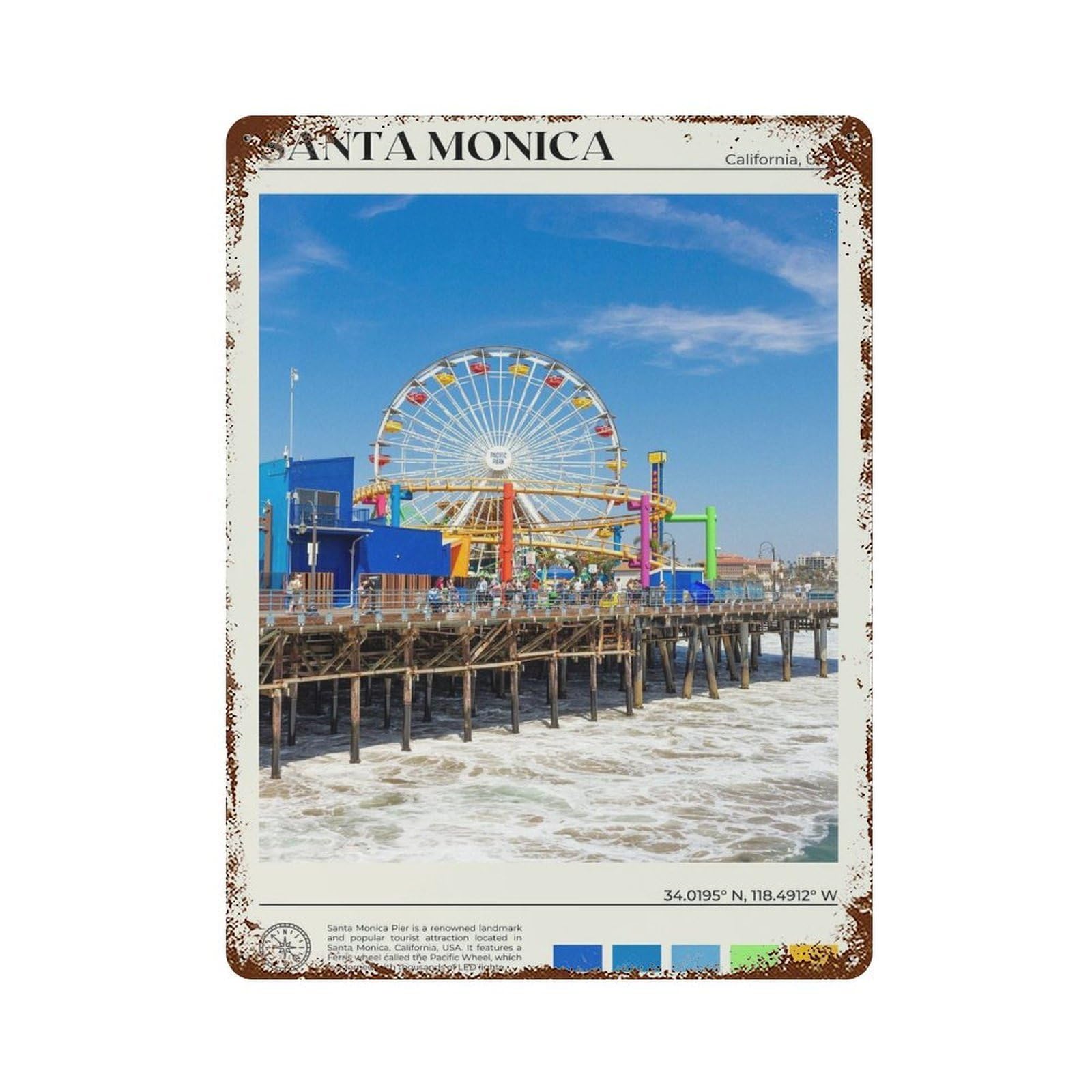 xiaoxiaoshen Real Photo Santa Monica California Wall Decor Art Metal Tin Poster Modern Home Decor Art Home Bar Shop Decorations Vintage Sign 40x30cm