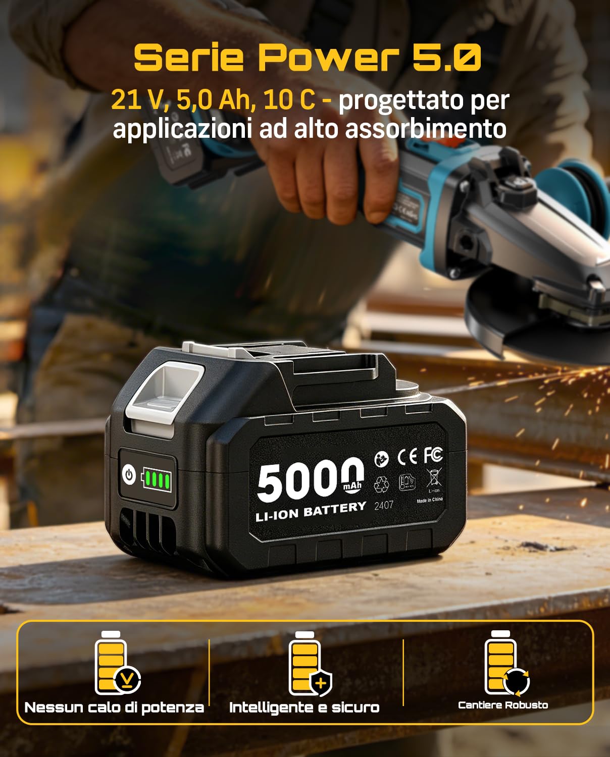 SEESII Smerigliatrice Angolare 21V - Batteria 5.0Ah + Regolazione Velocità | Testa piatta, 6 velocità (12000 giri/min), Stop anticaduta + Ripartenza + Avvio morbido + Sovraccarico, Dischi 115-125mm