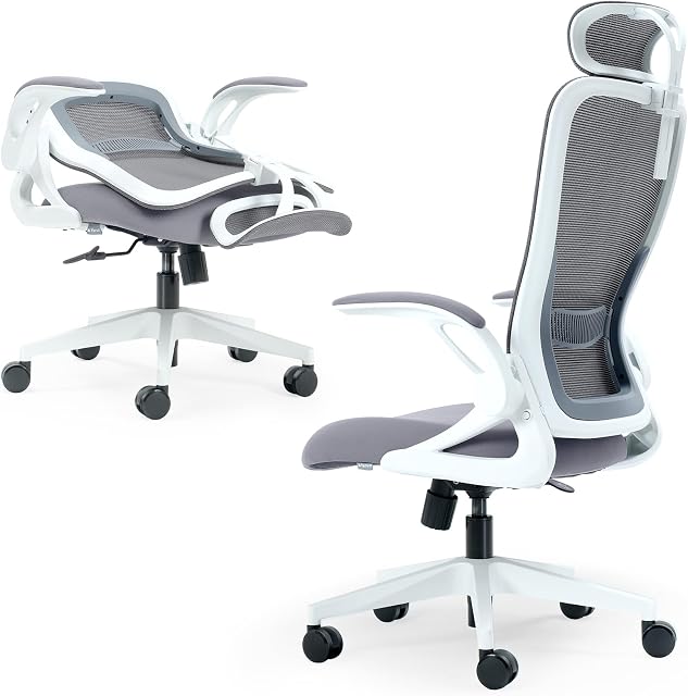 Tervo Model U | Folding Office Chair for Small Spaces | Gaming Chair for Adults and Children | Ergonomic Mesh Computer Chair for Bedroom | Folding Desk Chair for Home Work (White and Grey Headrest)