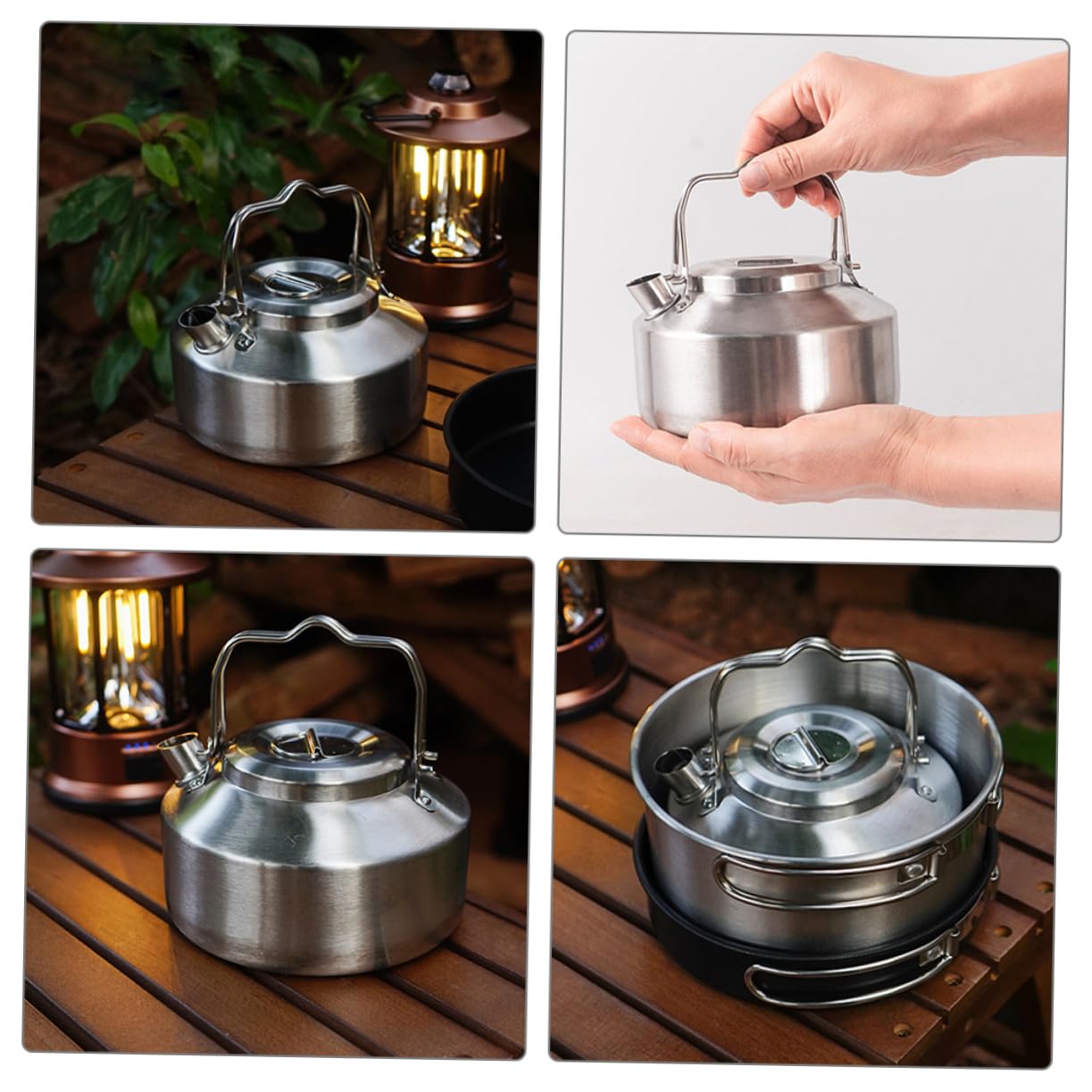Camping Teekessel 1 L aus Edelstahl Silber, Tragbarer Kocherkessel | Herdplatte und Gas, Outdoor Format für Zuhause und Selbstfahren, Kompakt als Teekanne
